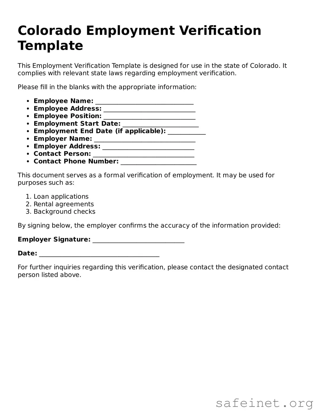 Valid Employment Verification Template for the State of Colorado