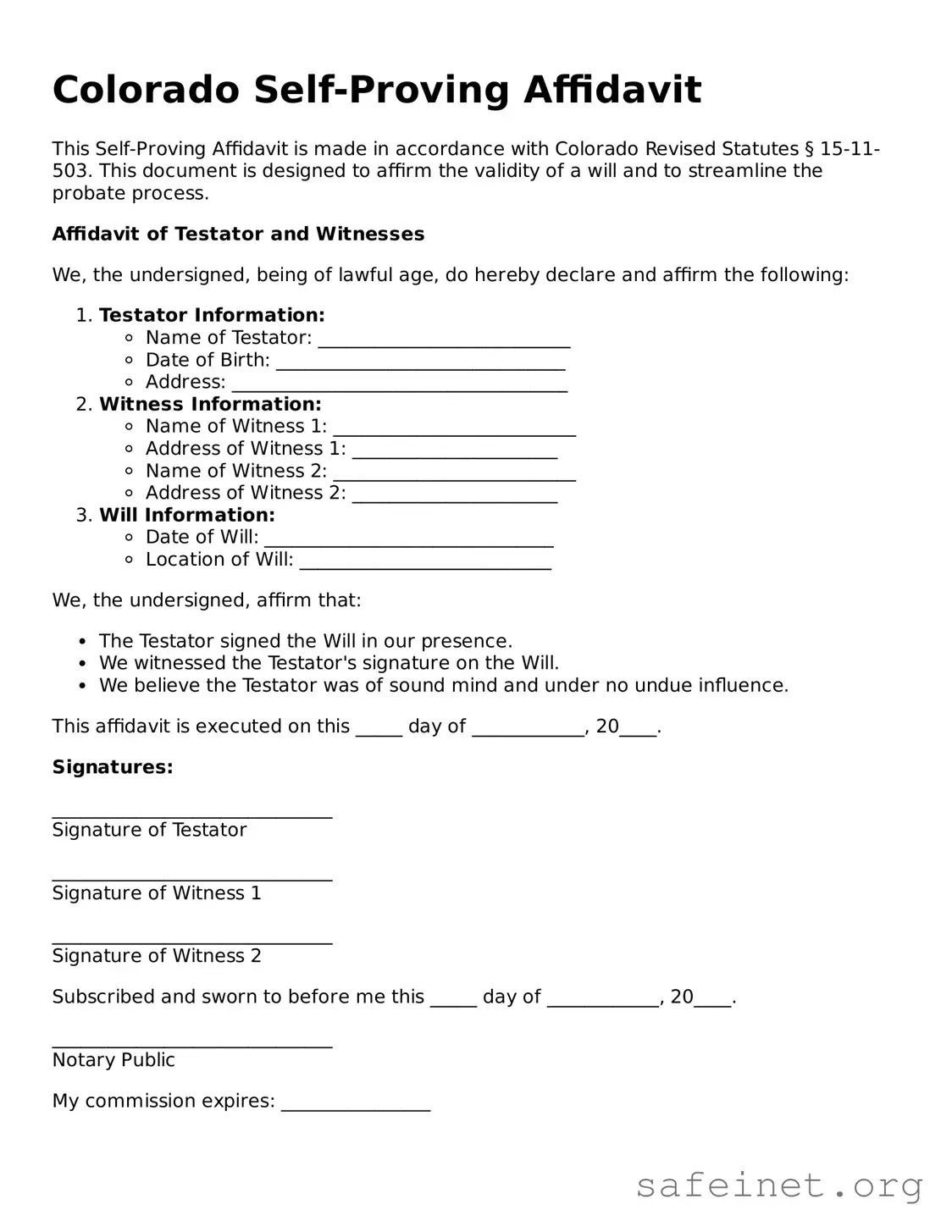 Valid Self-Proving Affidavit Template for the State of Colorado