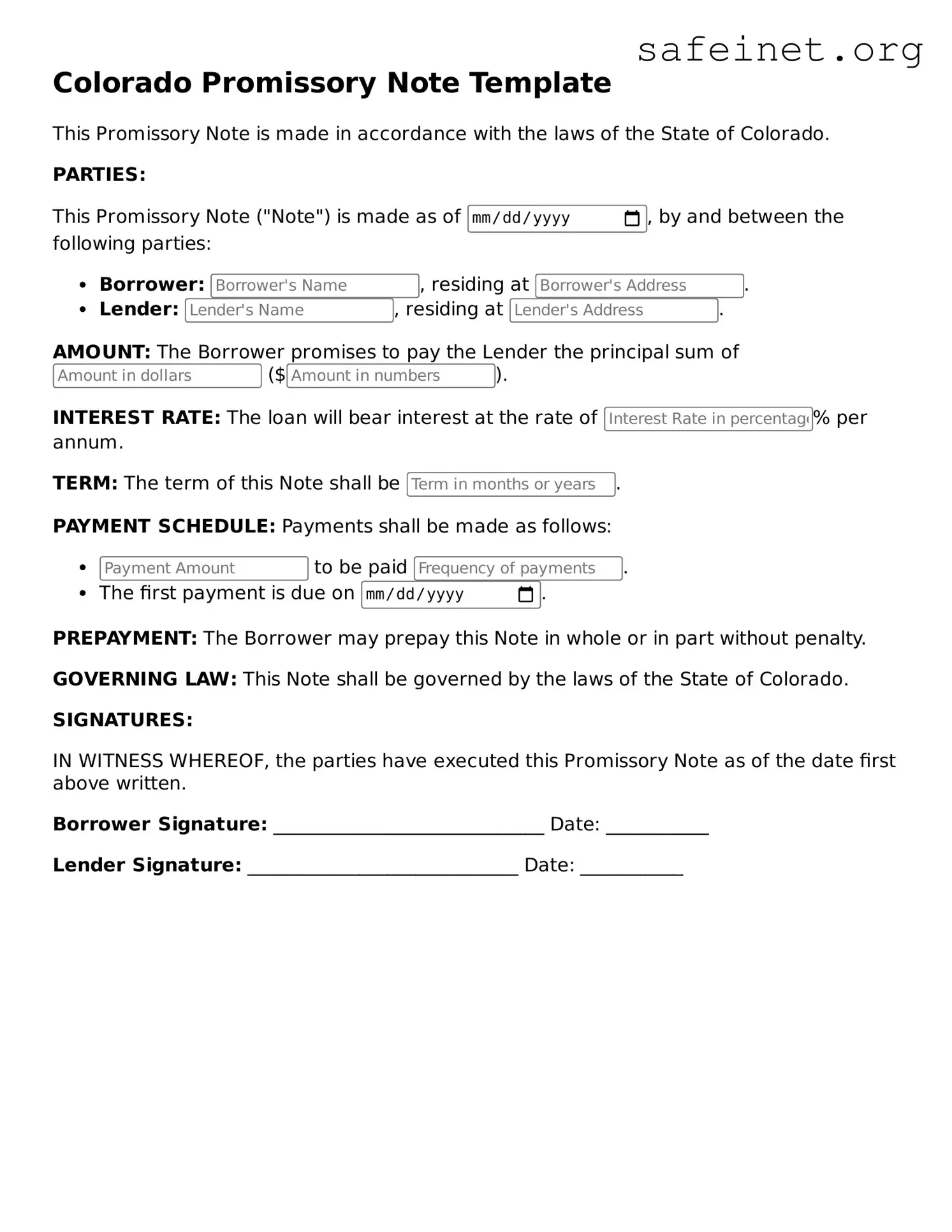 Valid Promissory Note Template for the State of Colorado