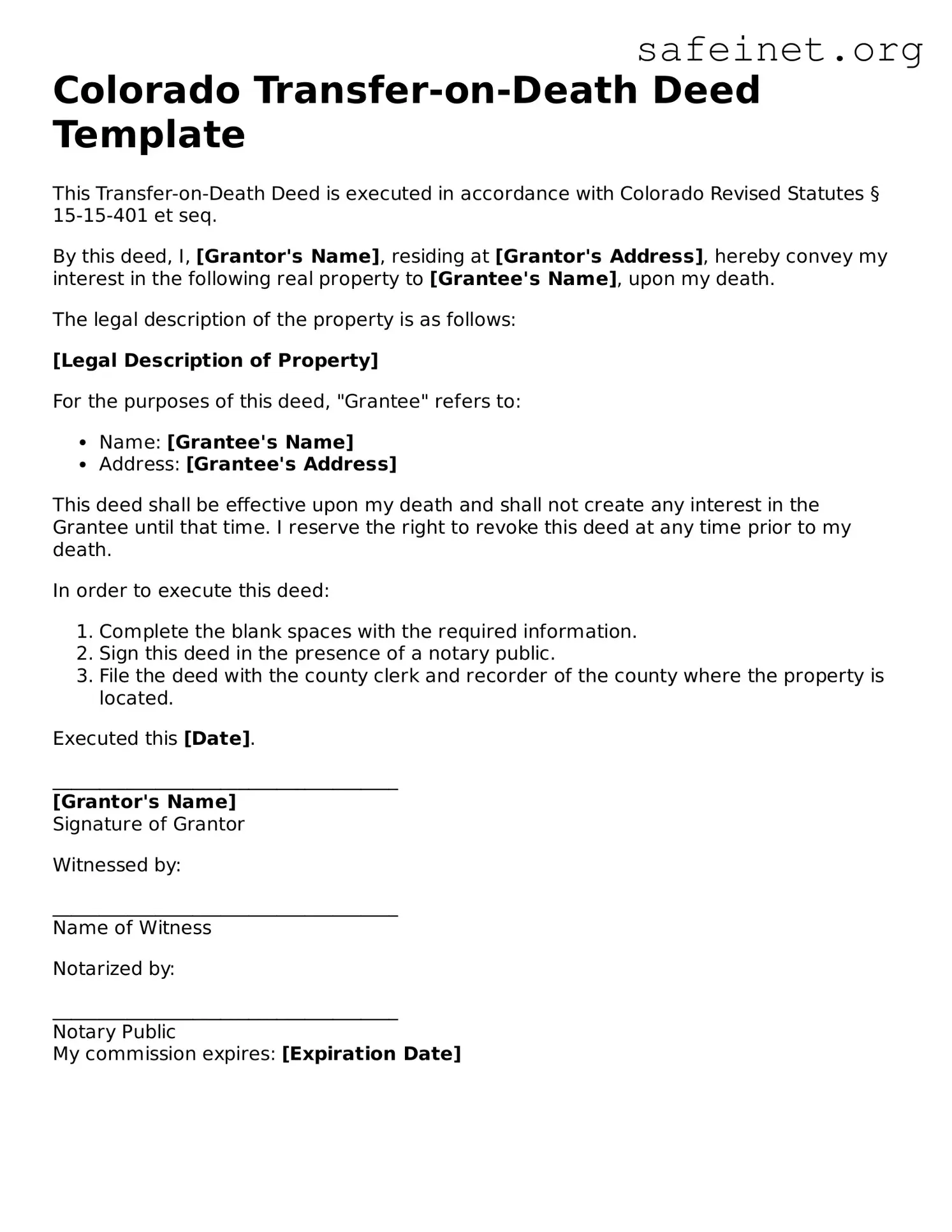 Valid Transfer-on-Death Deed Template for the State of Colorado