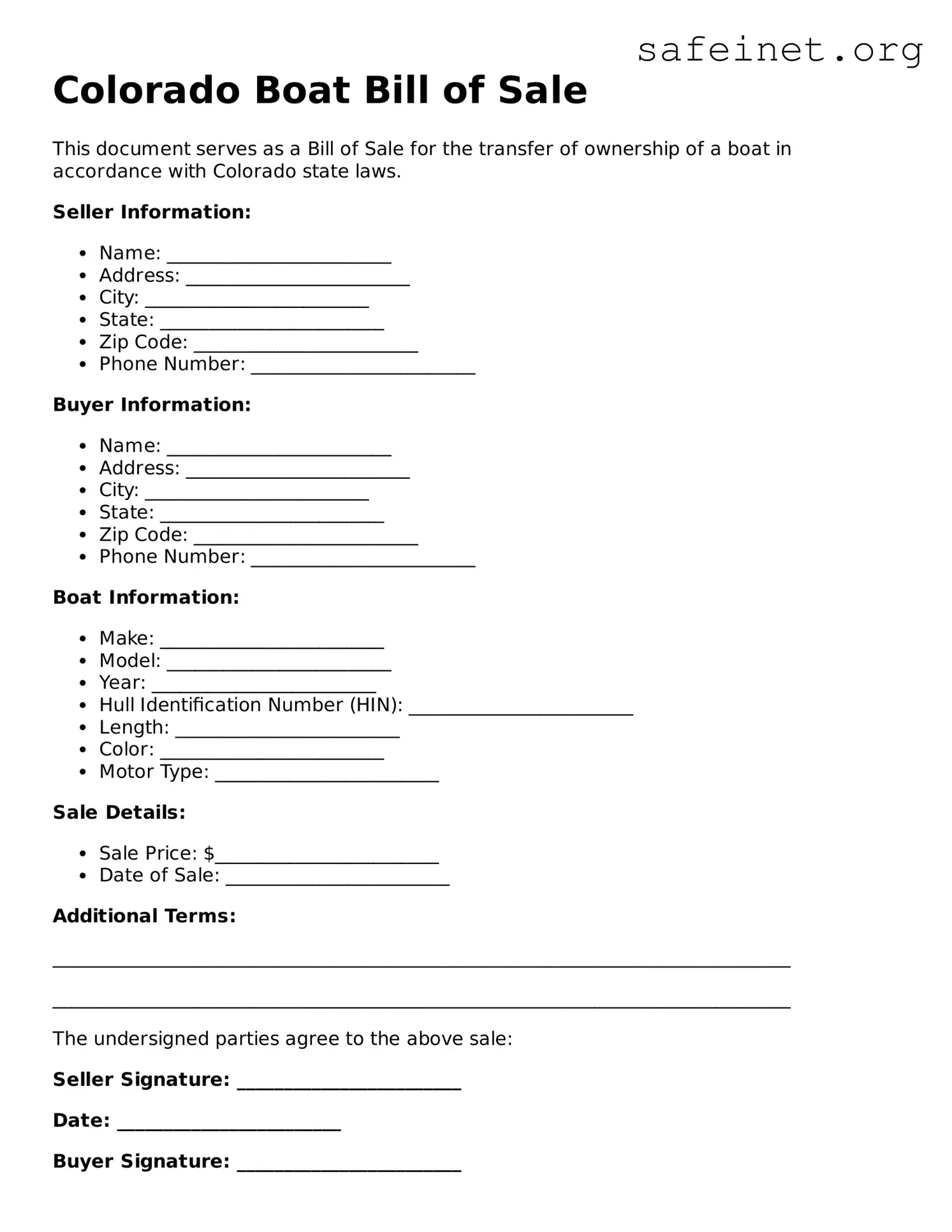 Valid Boat Bill of Sale Template for the State of Colorado