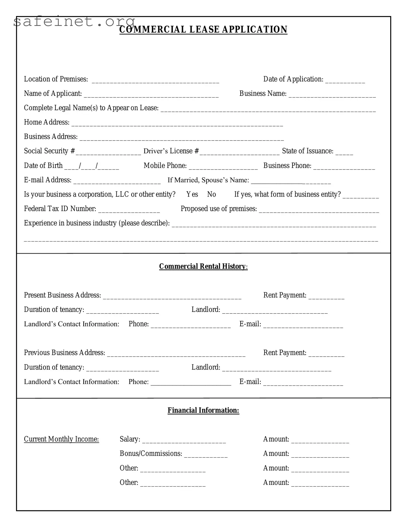 Blank Commercial Lease Application Template