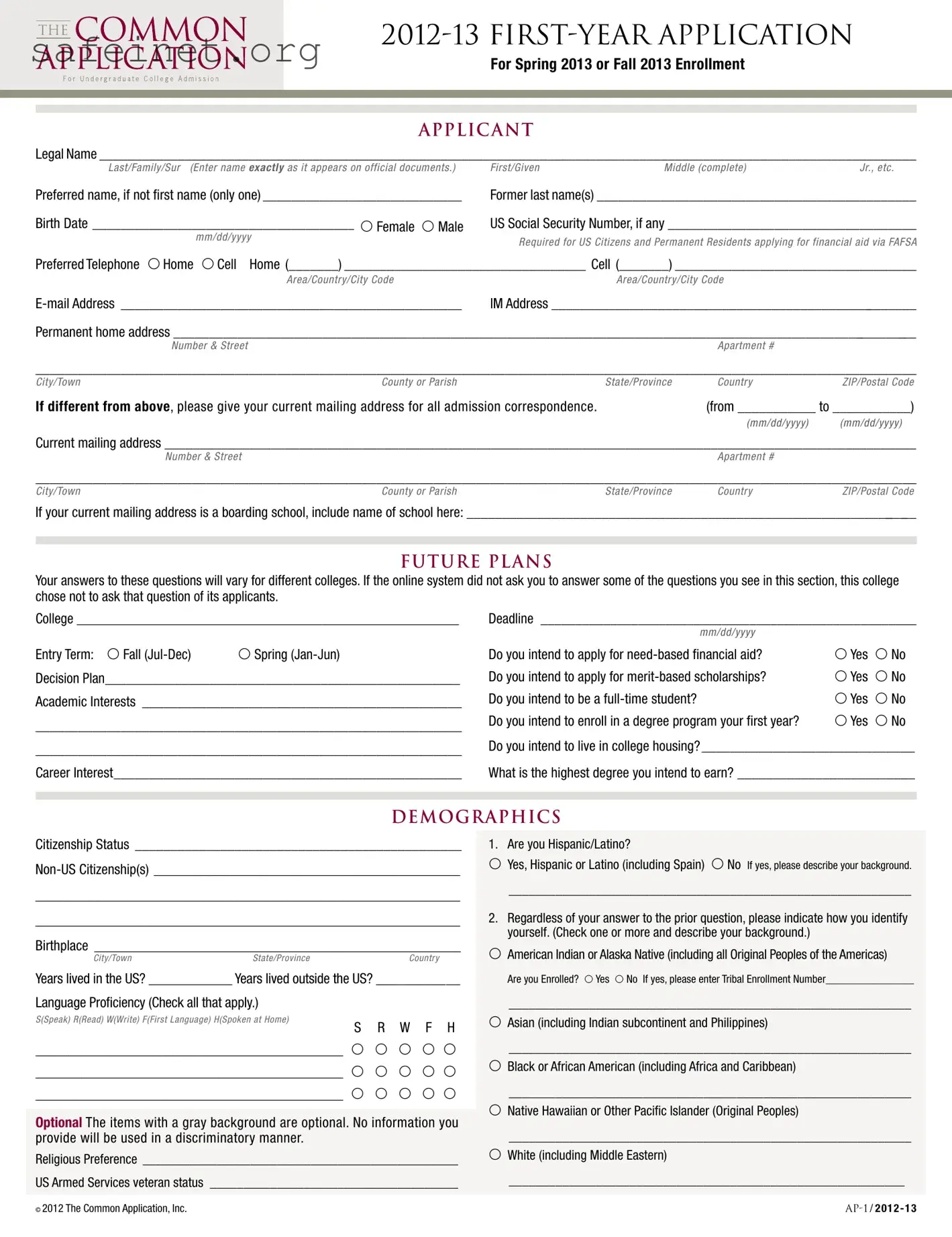 Blank Common App Template