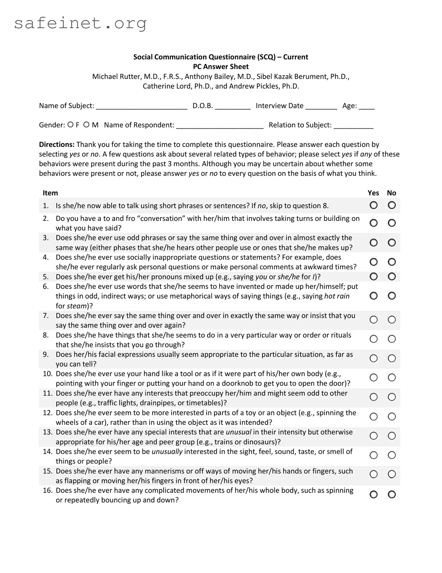 Blank Communication Questionnaire Template