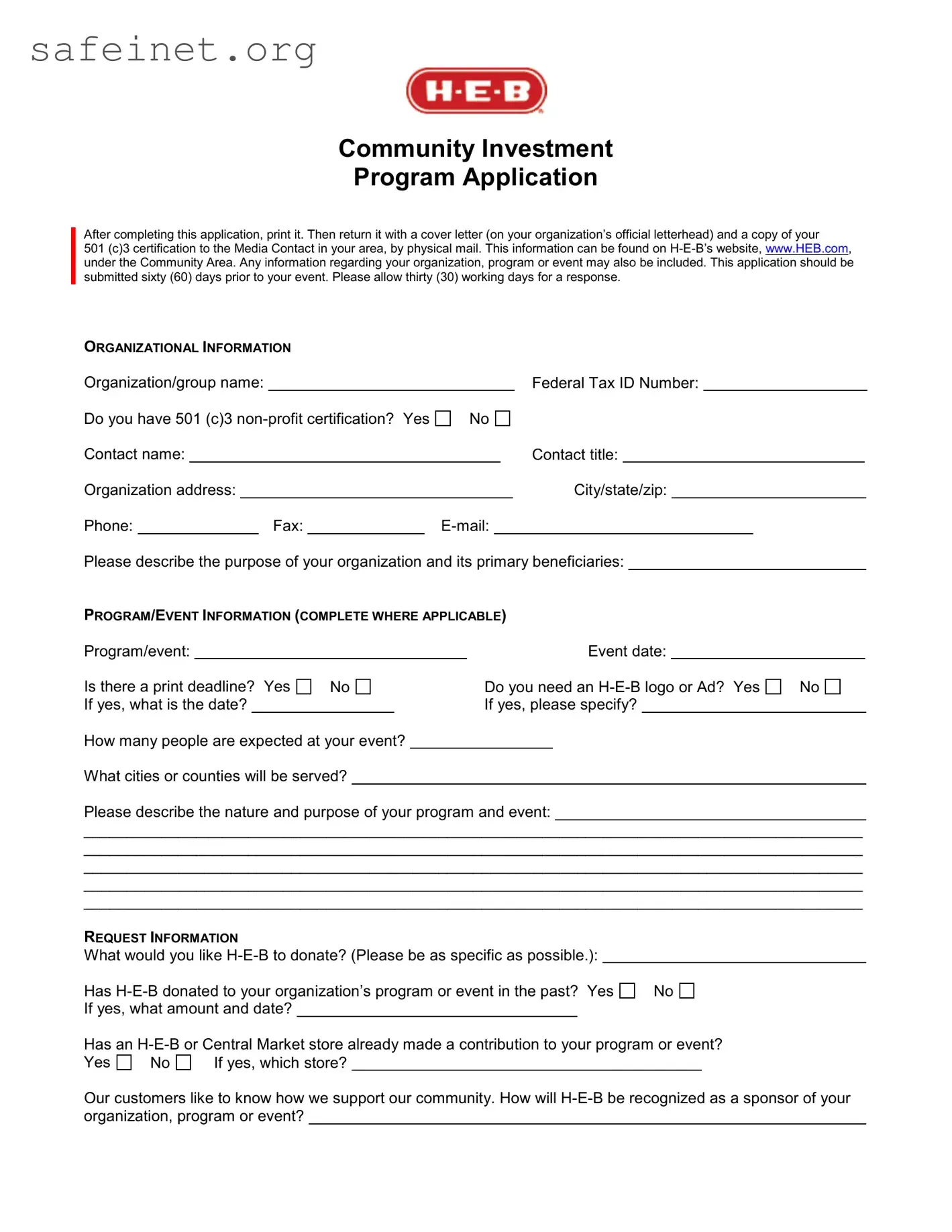 Blank Community Investment Application Template