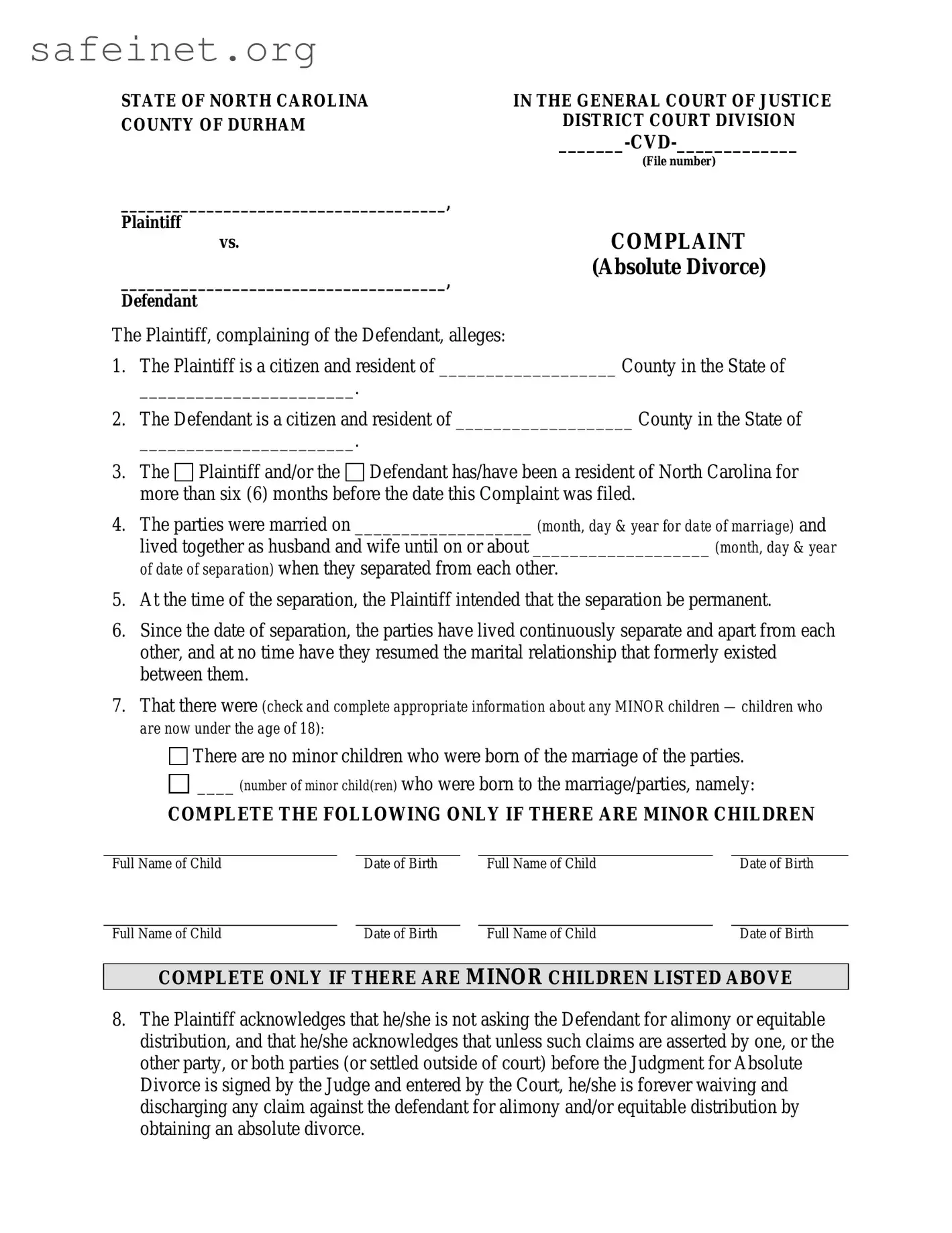Blank Complaint Divorce Nc Template