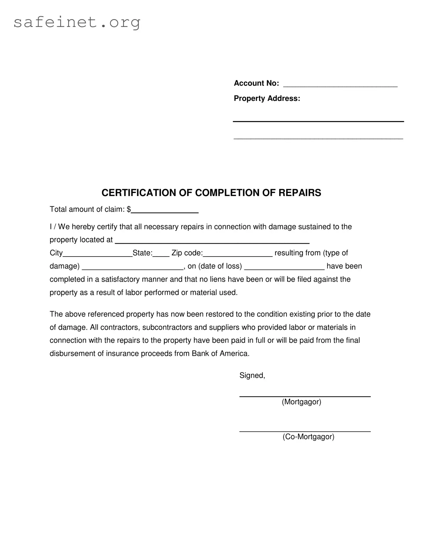 Blank Completion Repairs Template