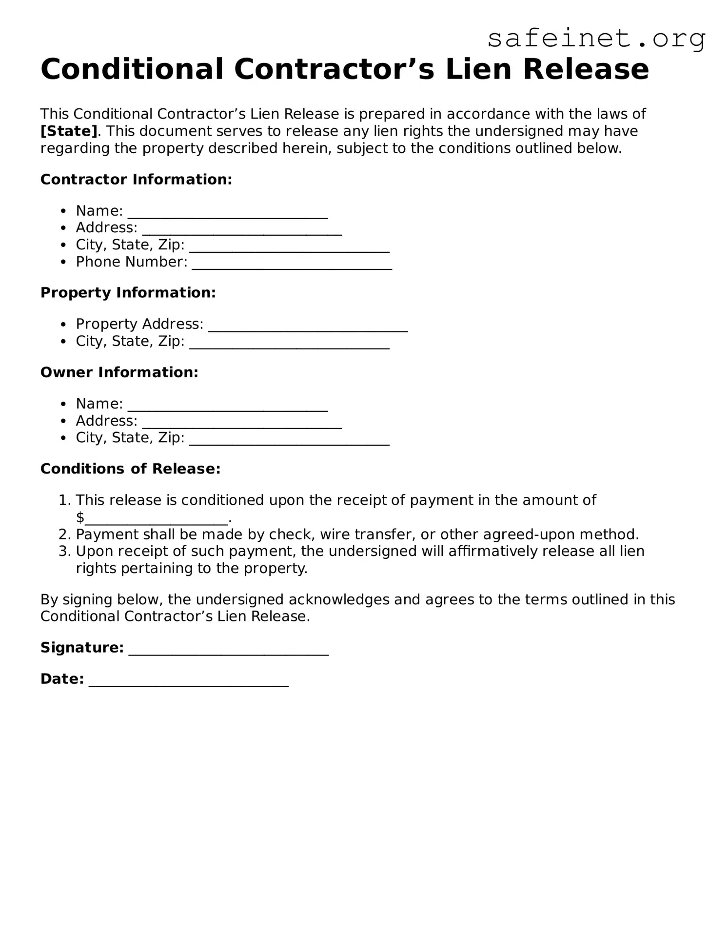 Official Conditional Contractor’s Lien Release Document