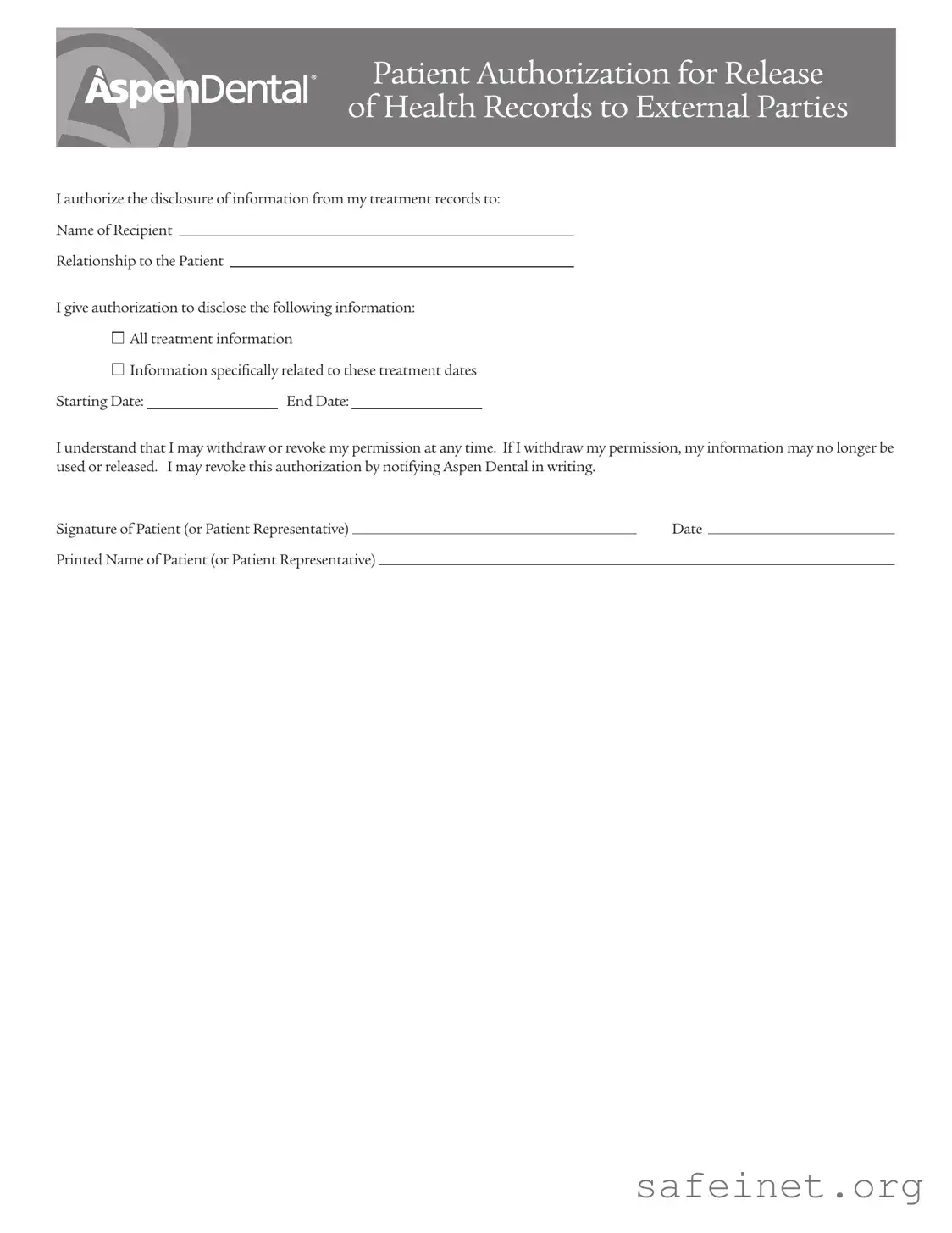 Blank Aspen Dental Health Information Release Template