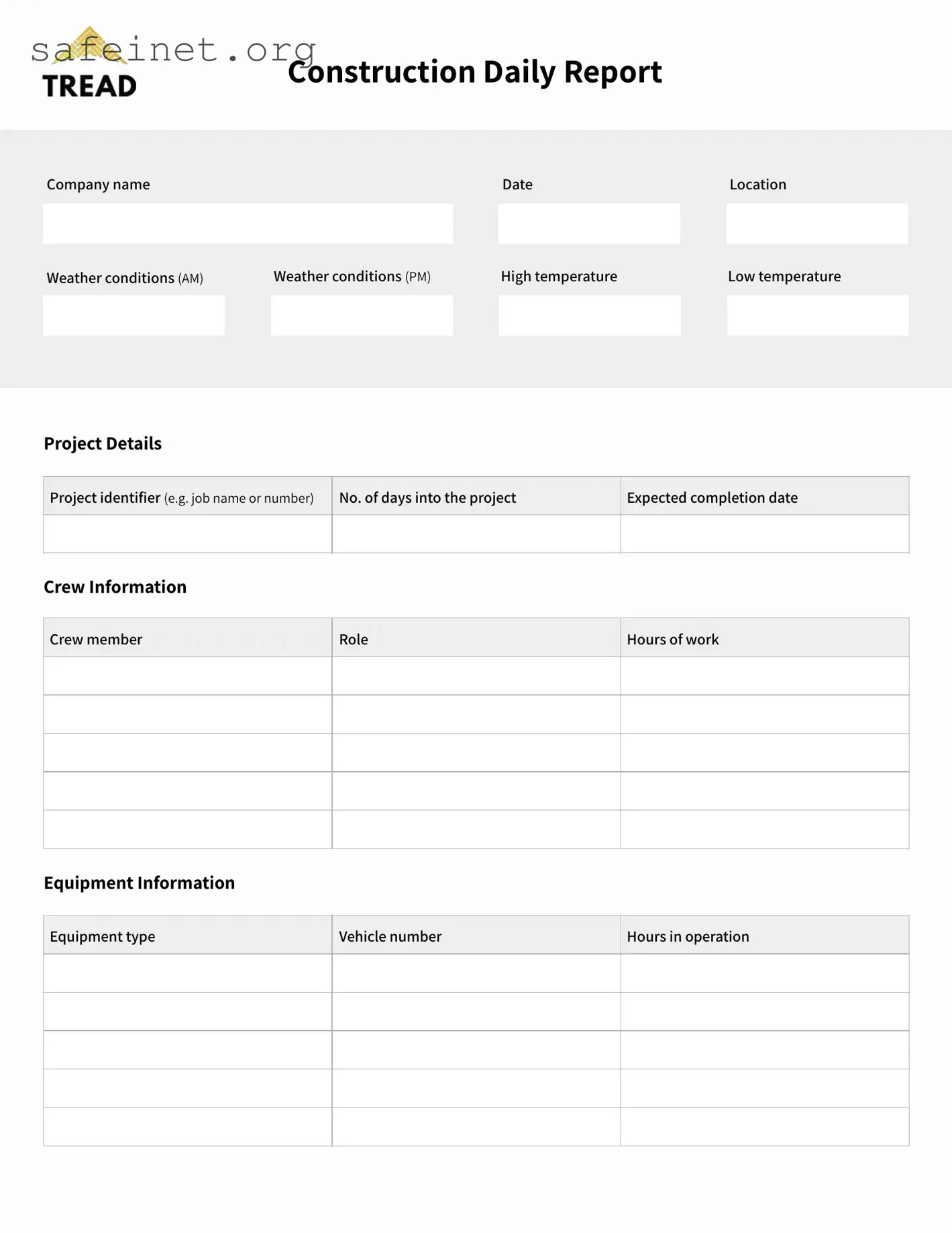 Blank Construction Daily Report Template