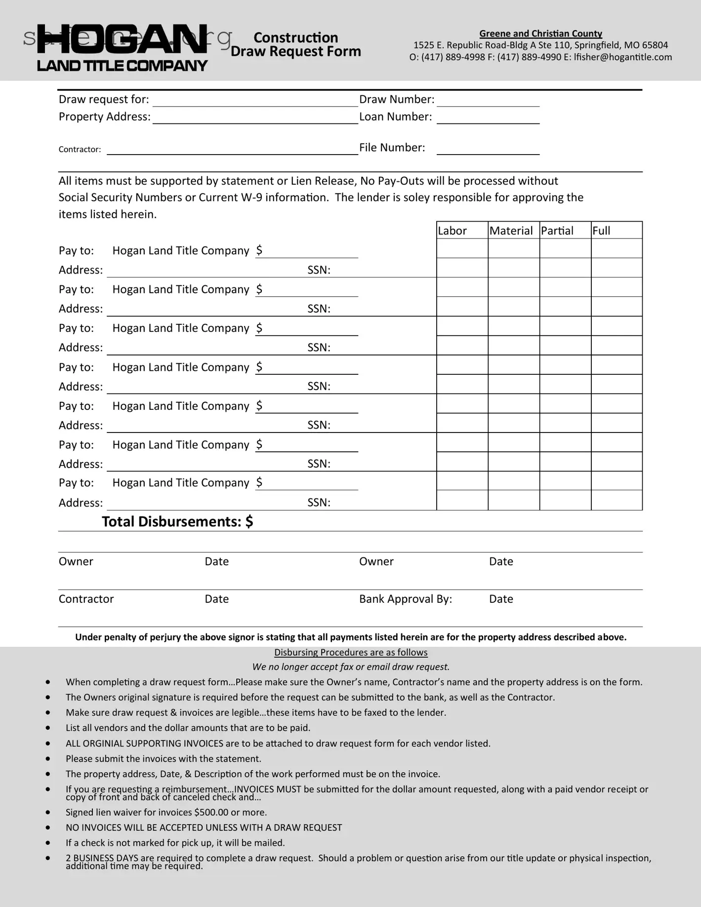 Blank Construction Draw Request Template