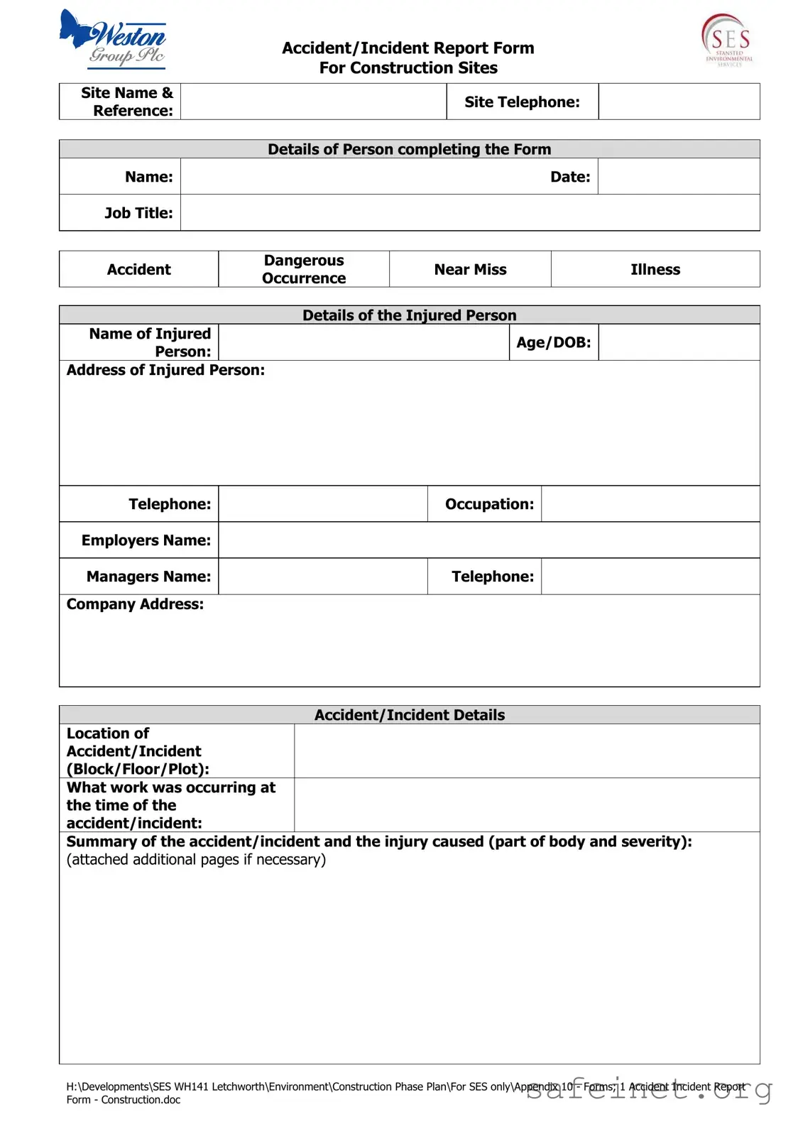 Blank Construction Accident Report Template