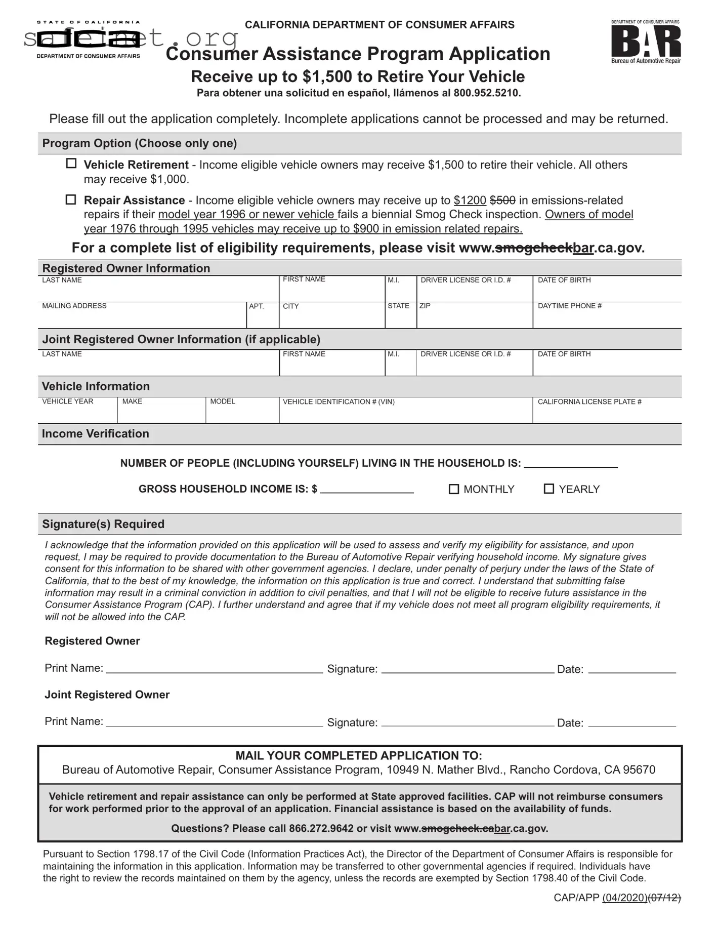 Blank Consumer Assistance Program Application Template