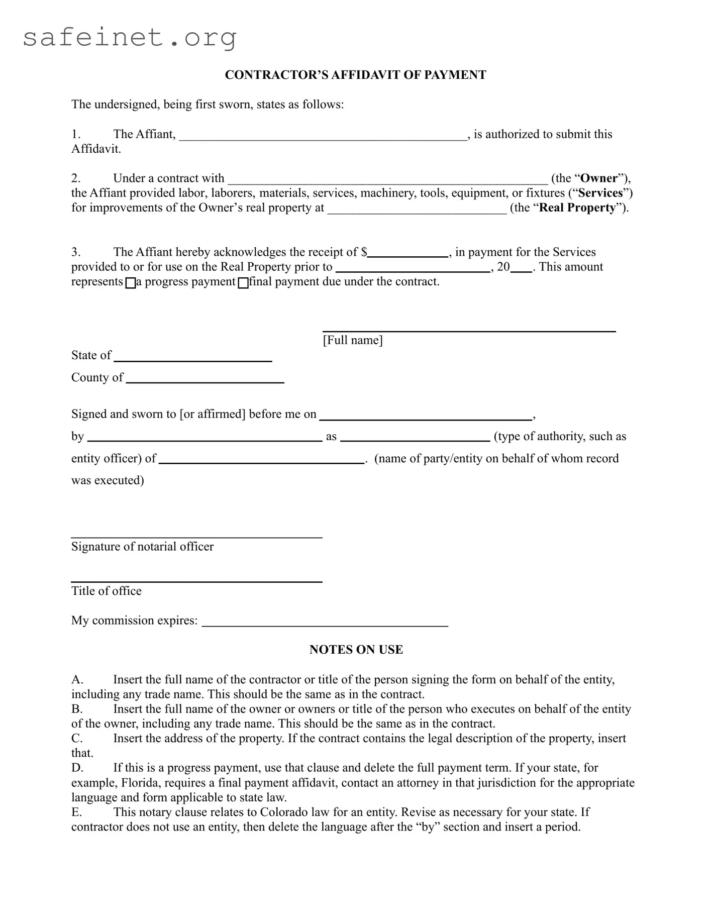 Blank Contractor Affidavit Template