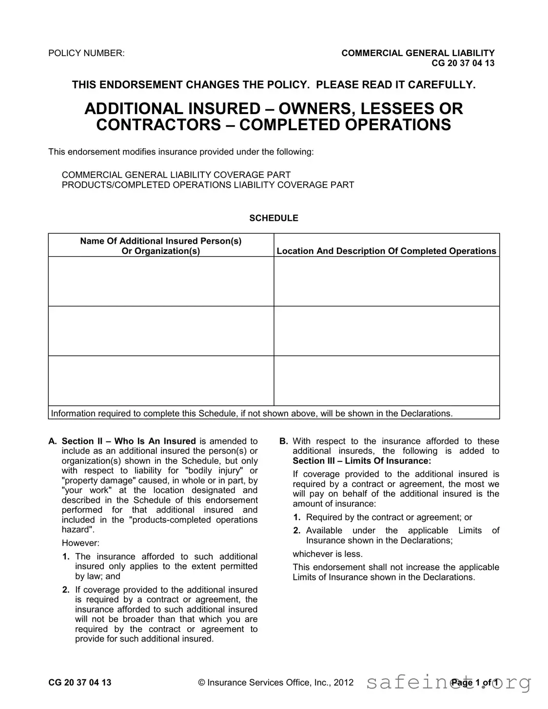 Blank Additional Insured Template