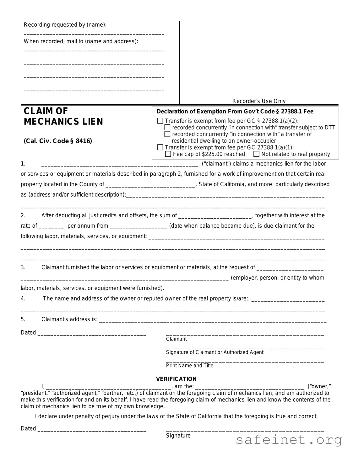 Blank Mechanics Lien California Template