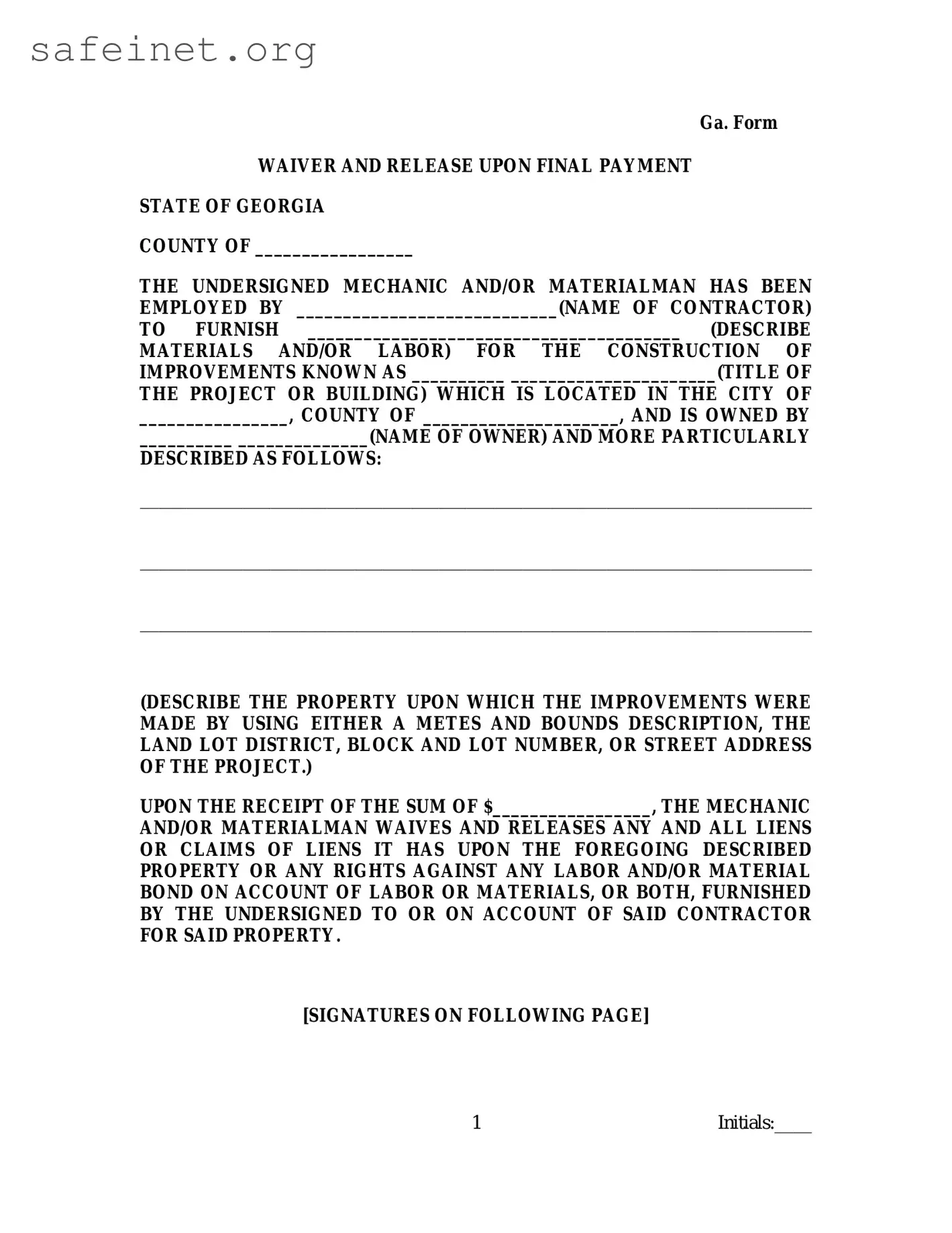 Blank Contractors Release Ga Template