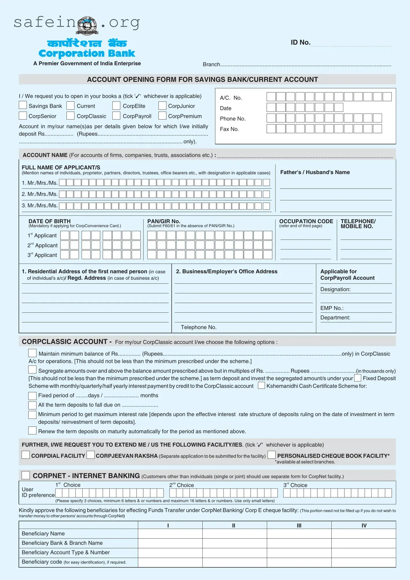 Blank Corporation Bank Account Opening Template