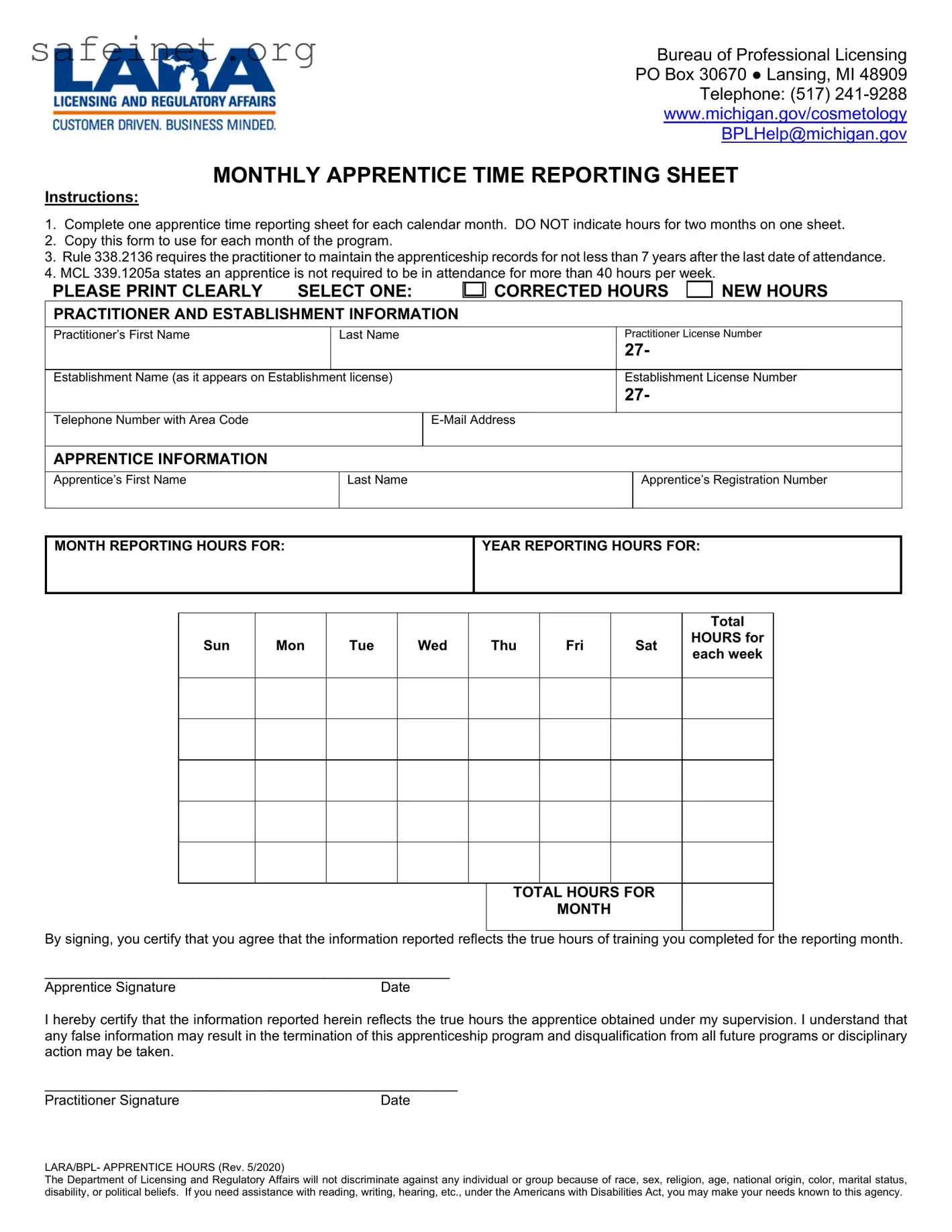 Blank Cosmetology Time Sheet For Apprentice To Sendnto Lara Template