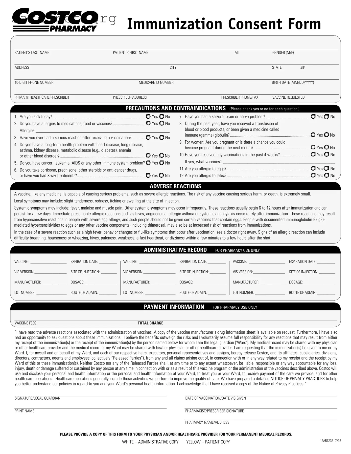 Blank Costco Immunization Template