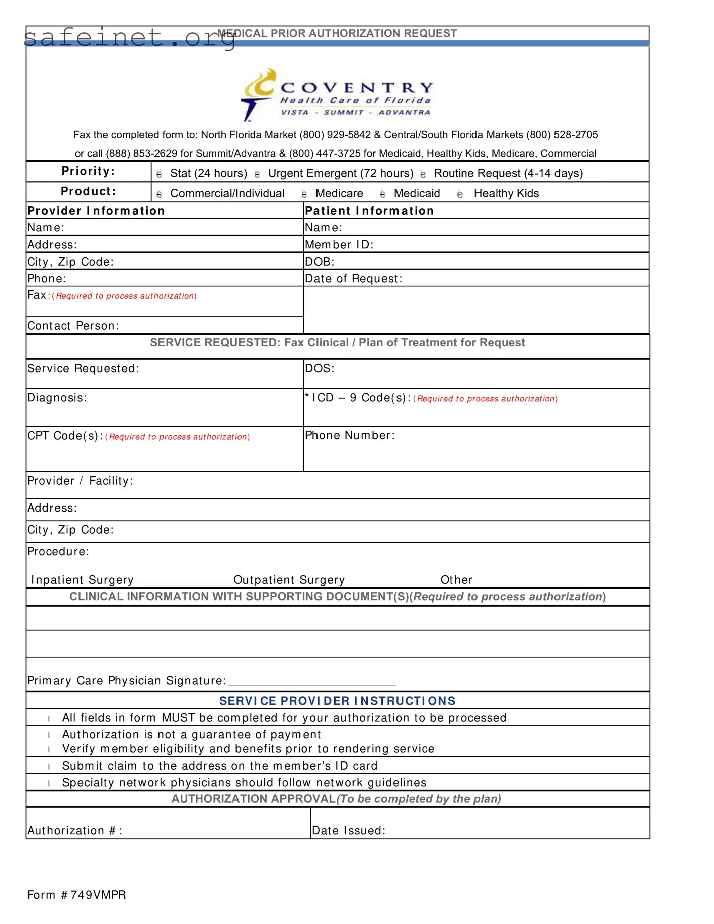 Blank Coventry Prior Authorization Template