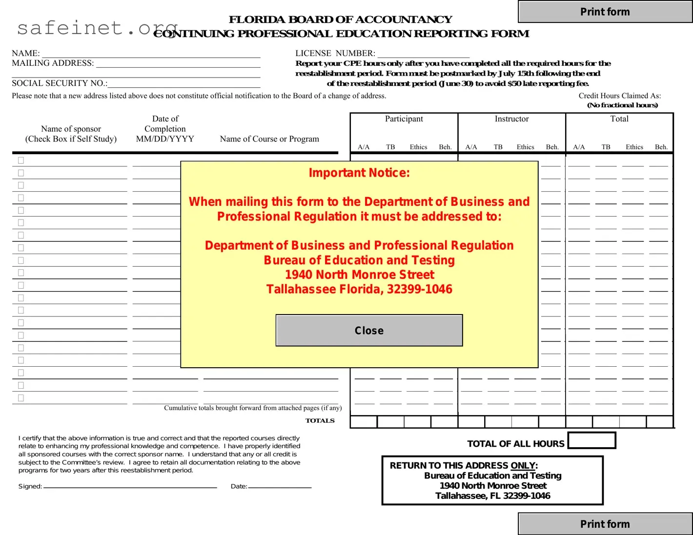 Blank Cpe Reporting Florida Template