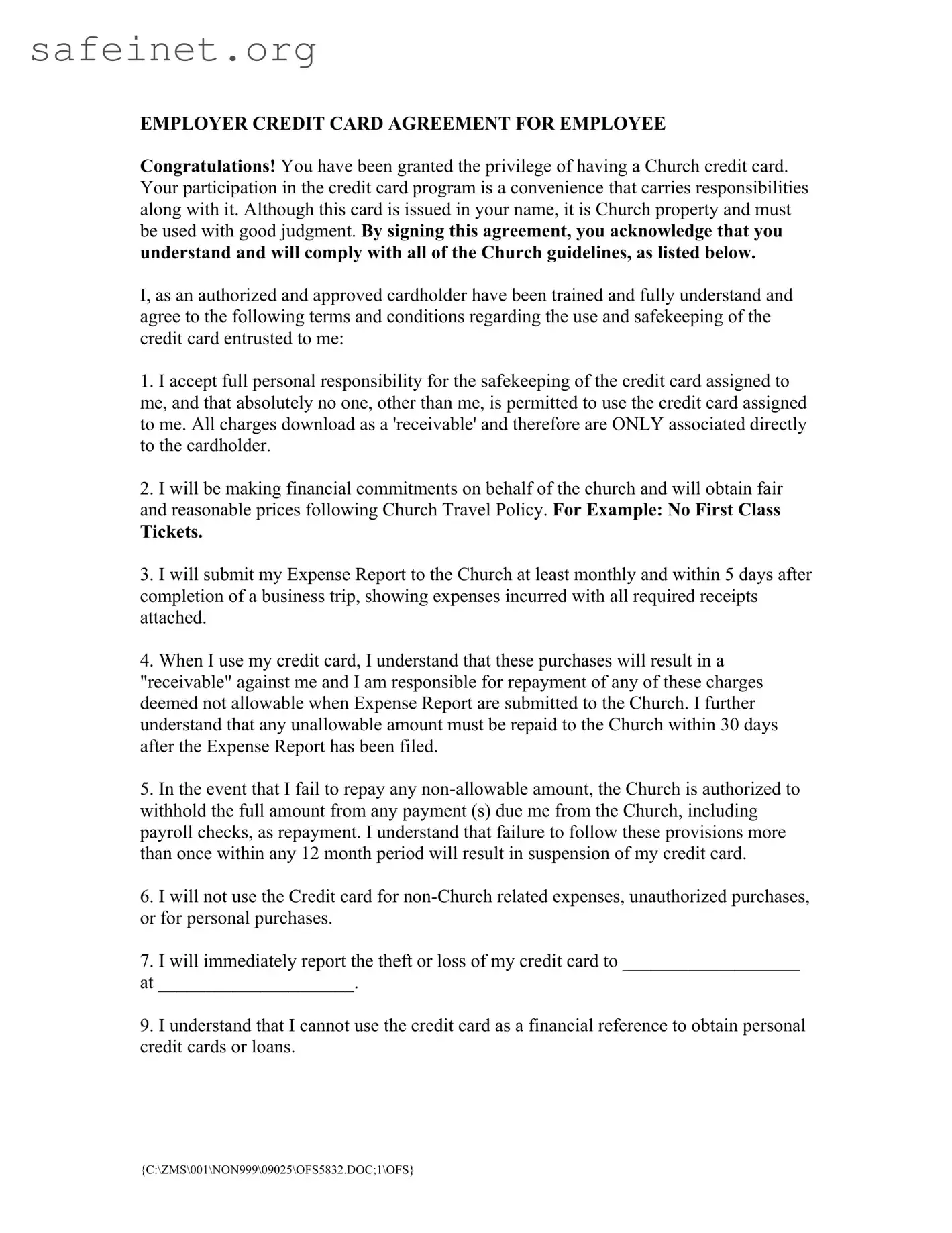 Blank Credit Agreement Employee Template
