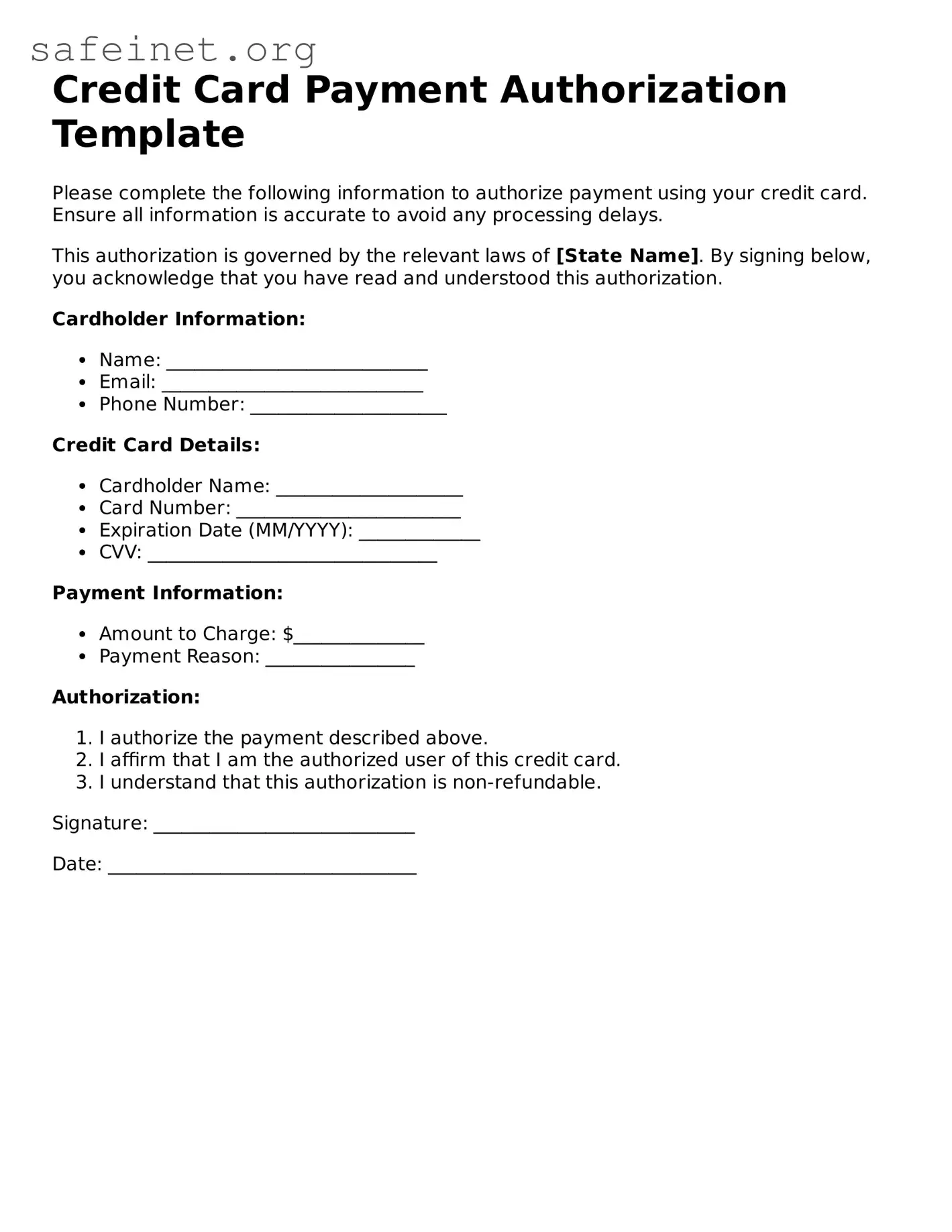Official Credit Card Payment Authorization Document