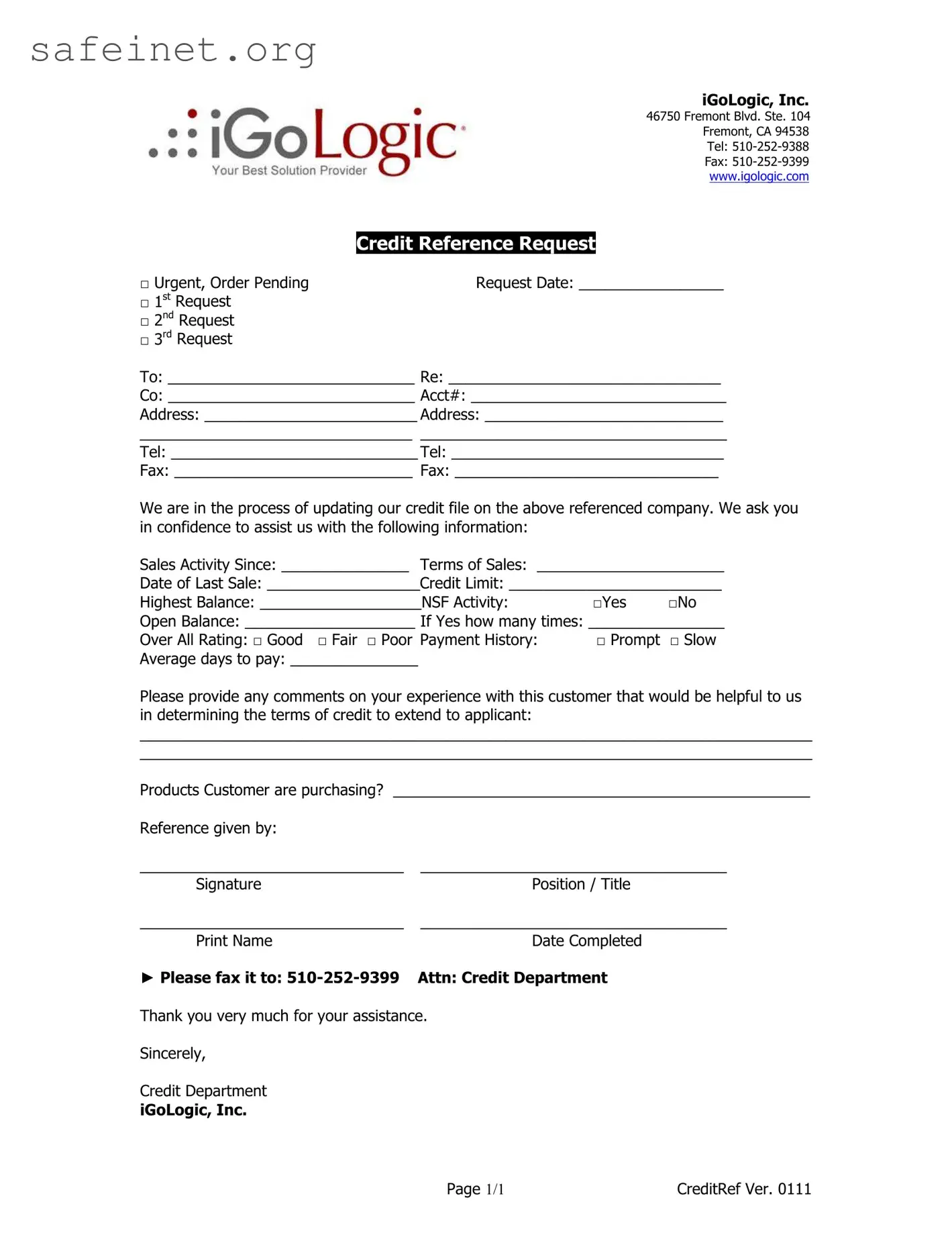 Blank Credit Reference Request Template