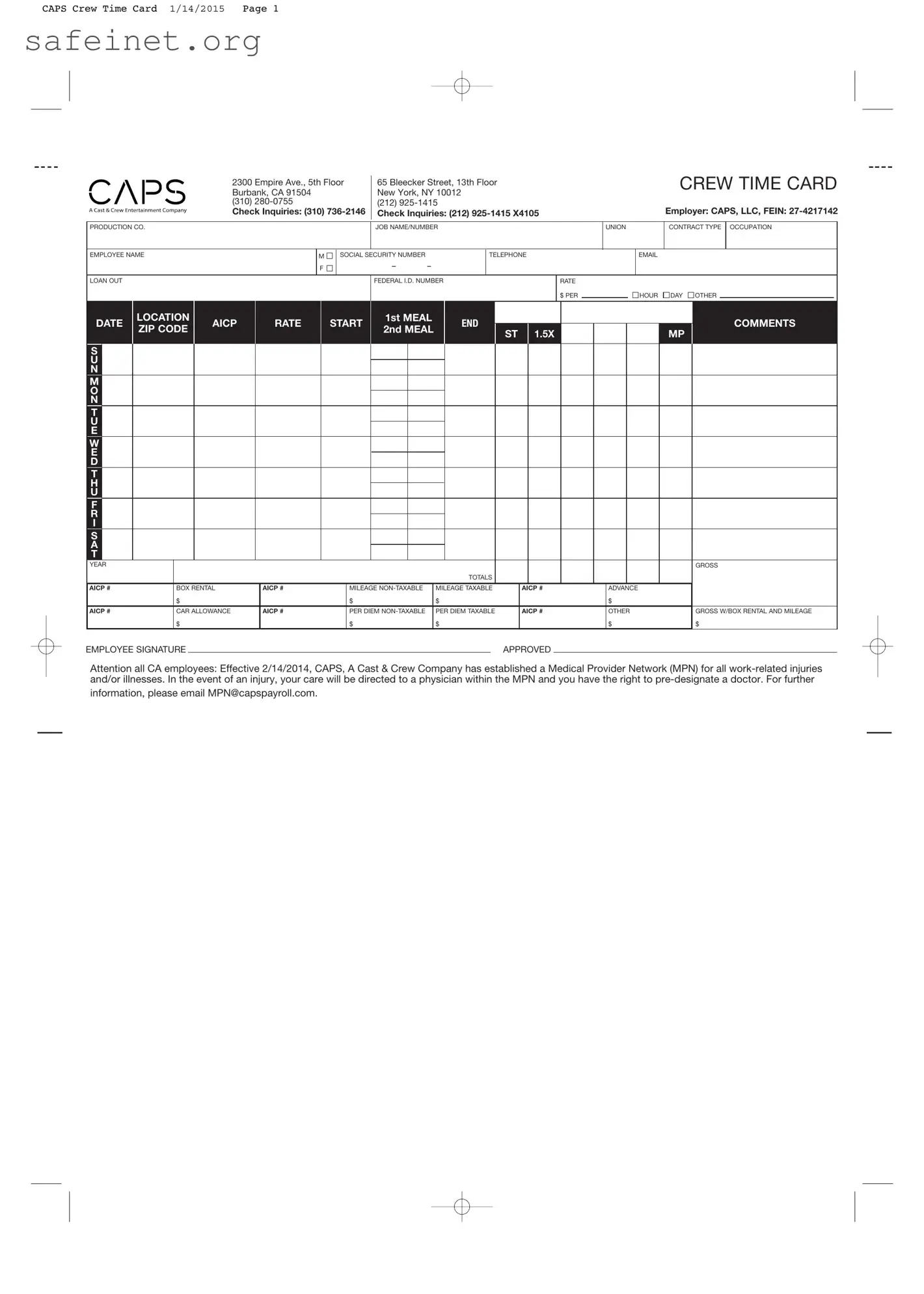 Blank Crew Time Card Template