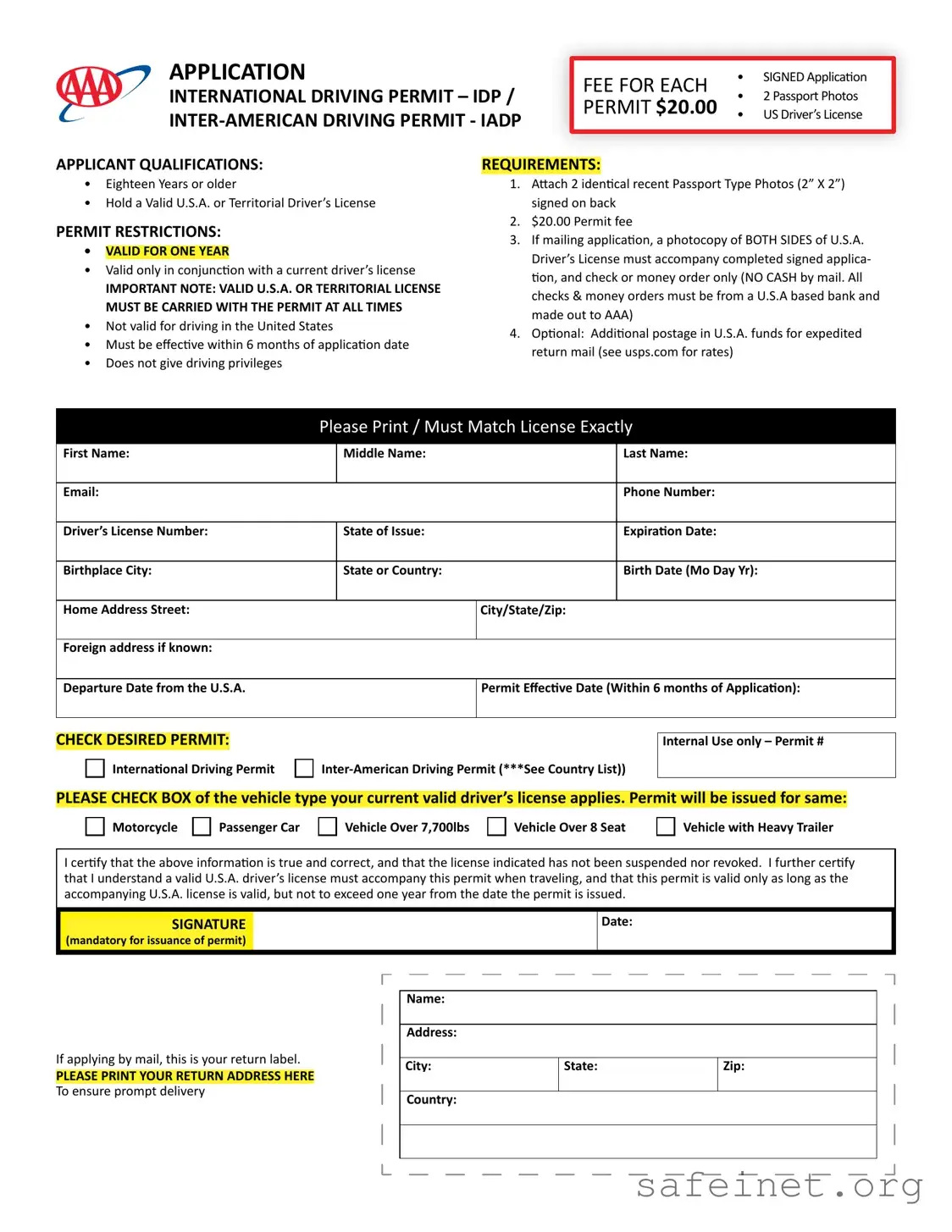Blank Aaa International Driving Permit Application Template