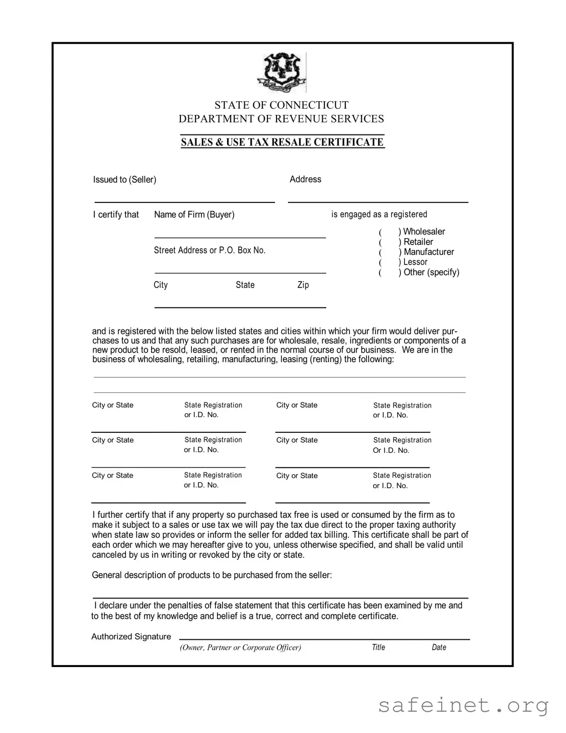 Blank Ct Resale Certificate Template