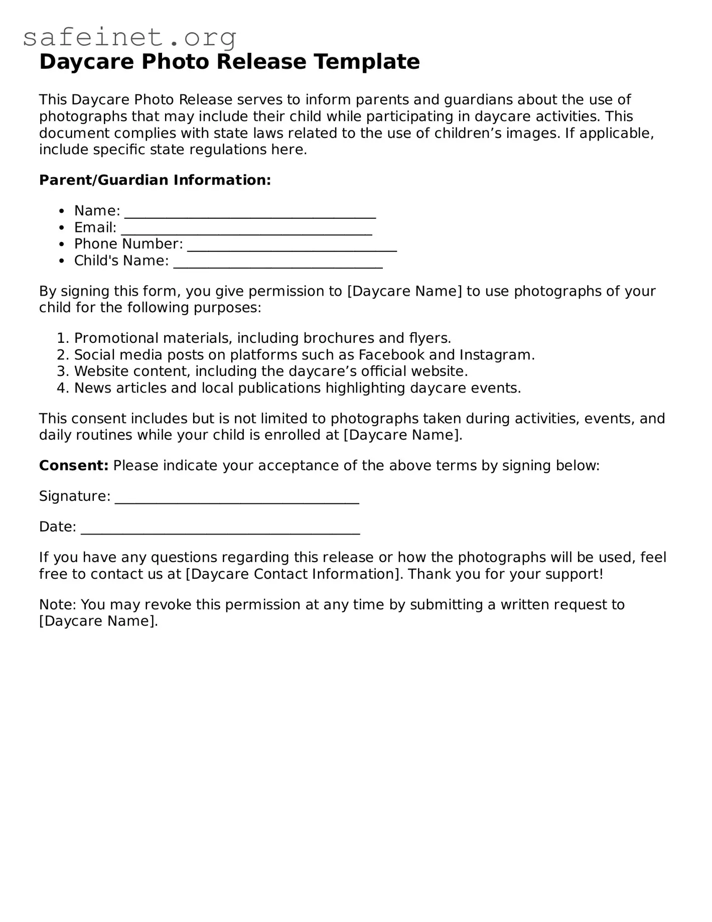 Official Daycare Photo Release Document