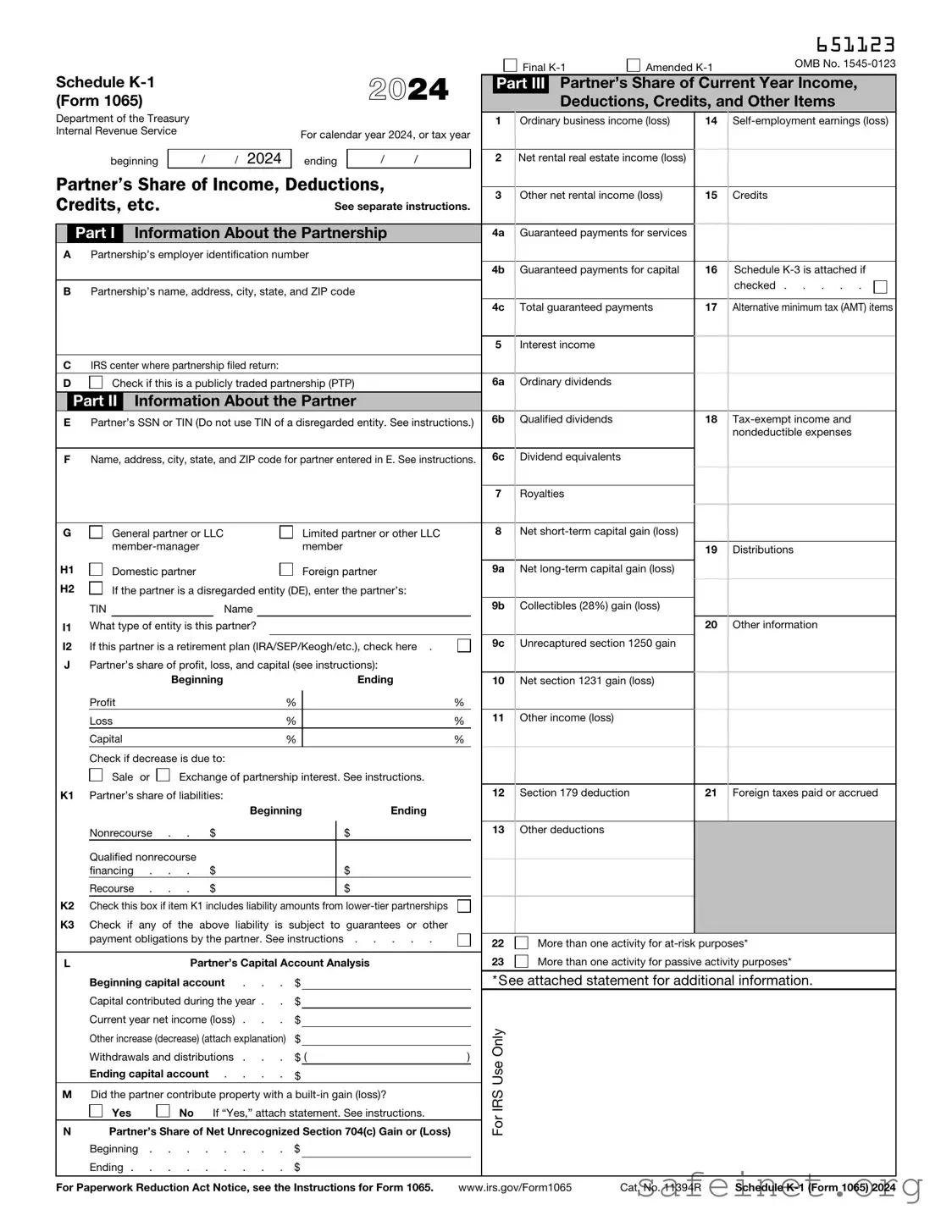 Blank IRS Schedule K-1 1065 Template