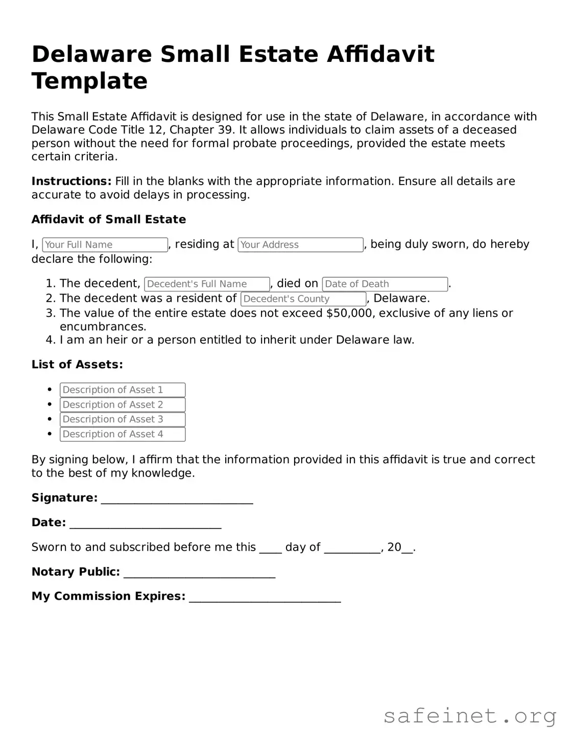 Valid Small Estate Affidavit Template for the State of Delaware