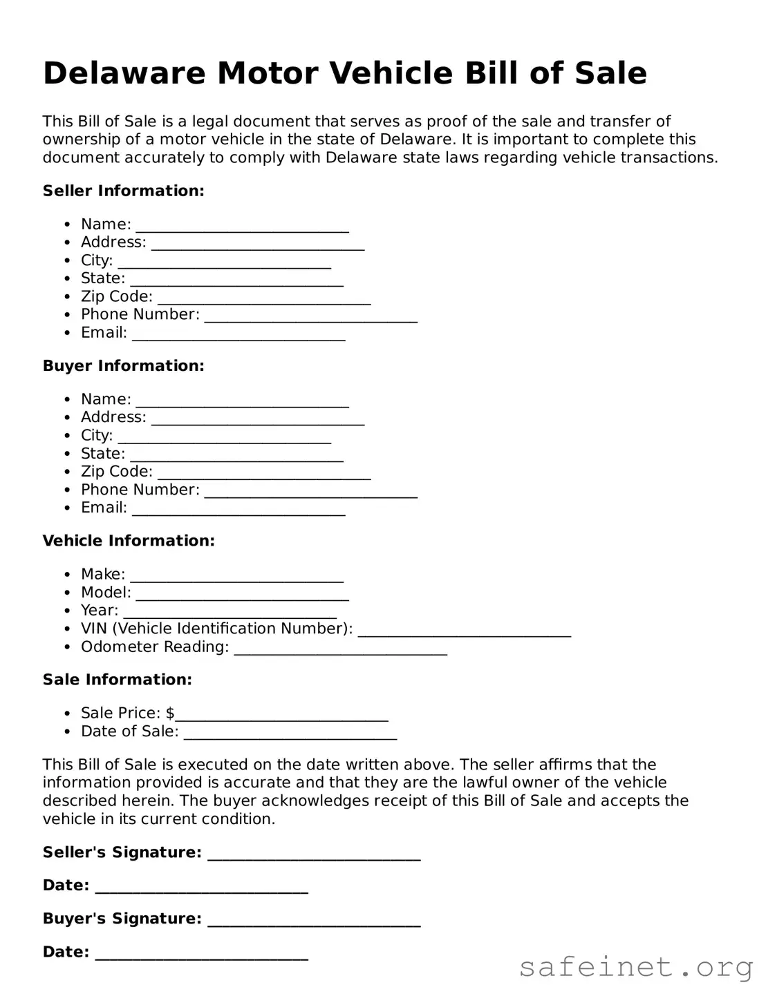 Valid Motor Vehicle Bill of Sale Template for the State of Delaware