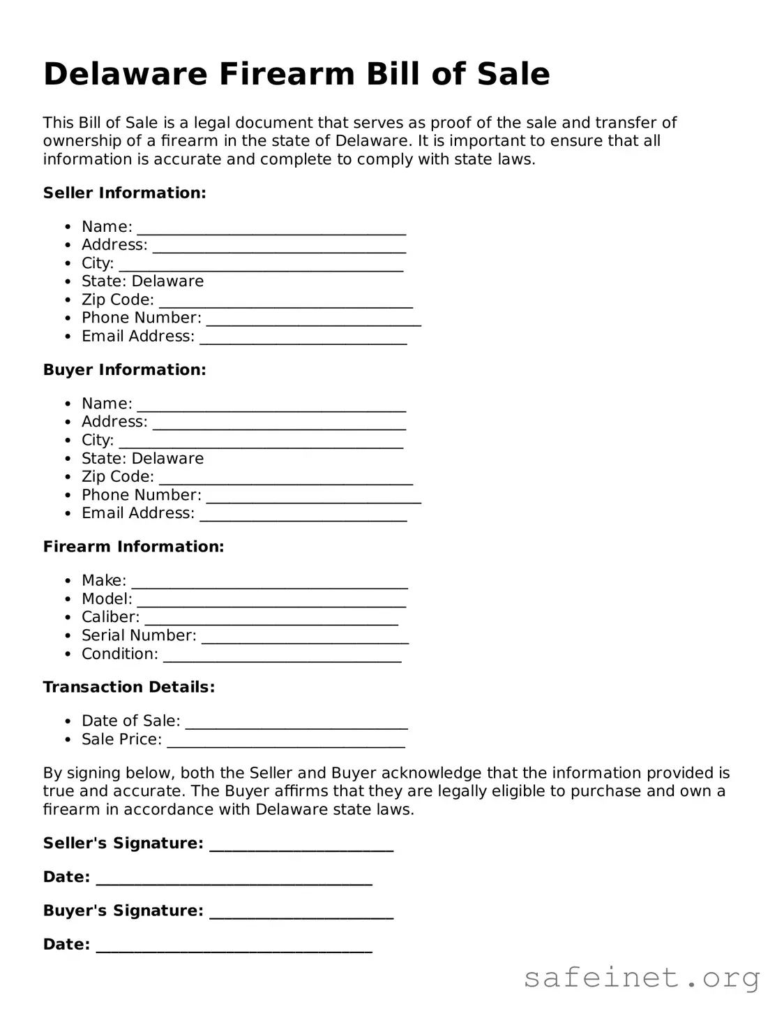 Valid Firearm Bill of Sale Template for the State of Delaware