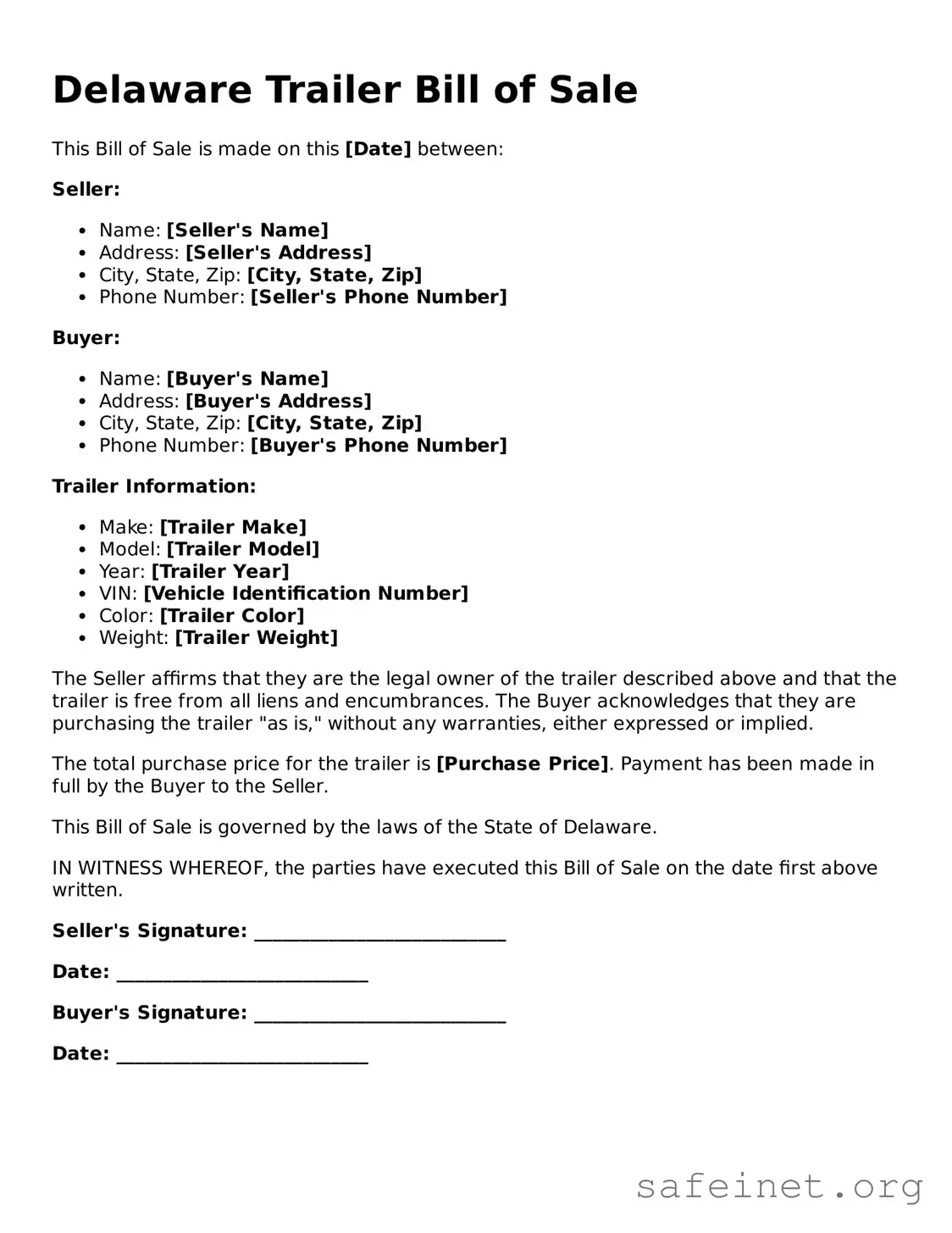 Valid Trailer Bill of Sale Template for the State of Delaware