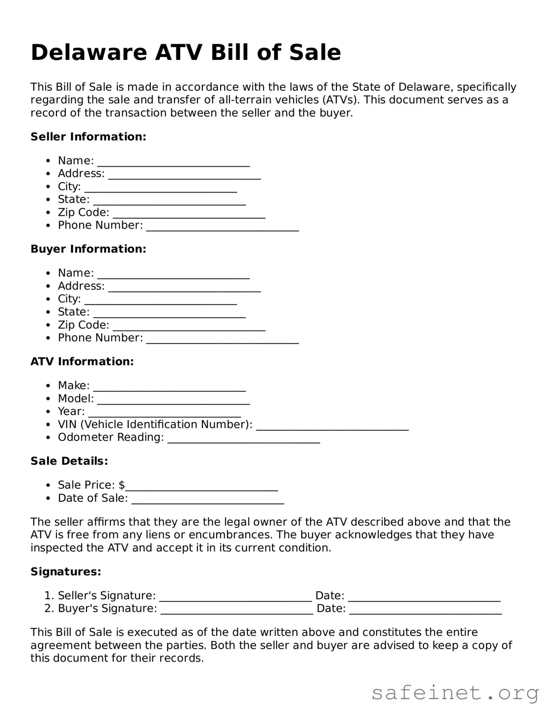 Valid ATV Bill of Sale Template for the State of Delaware
