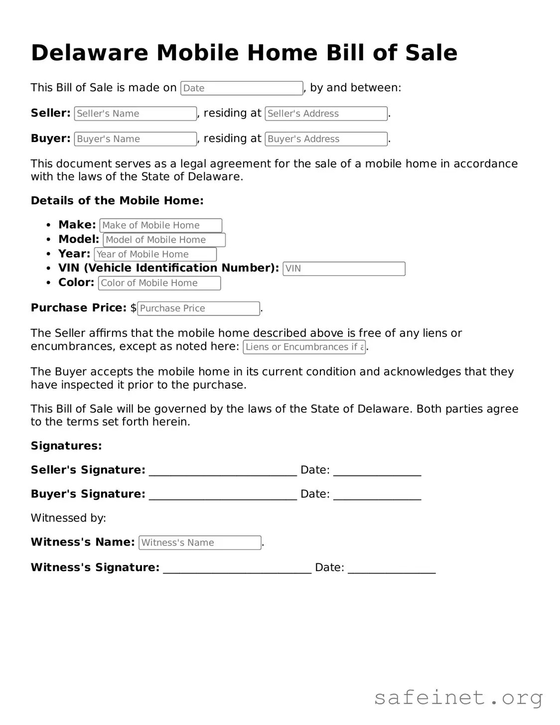 Valid Mobile Home Bill of Sale Template for the State of Delaware