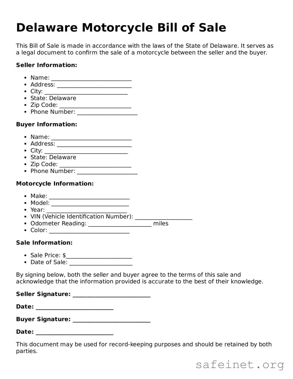 Valid Motorcycle Bill of Sale Template for the State of Delaware