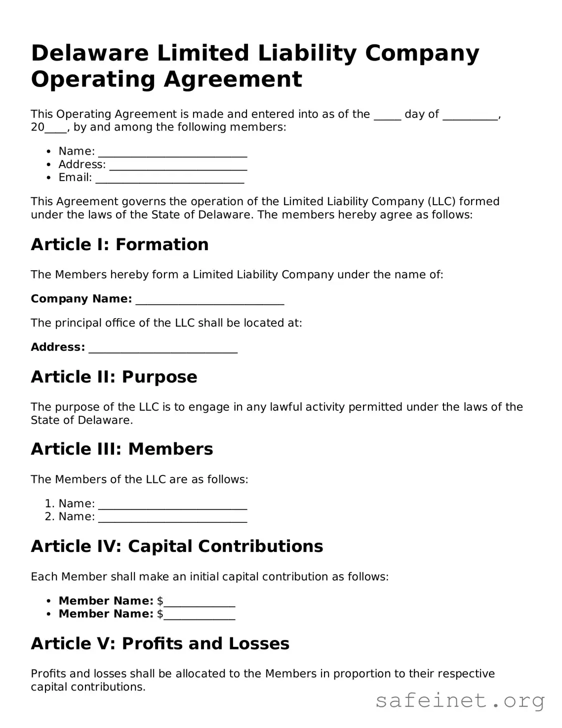 Valid Operating Agreement Template for the State of Delaware