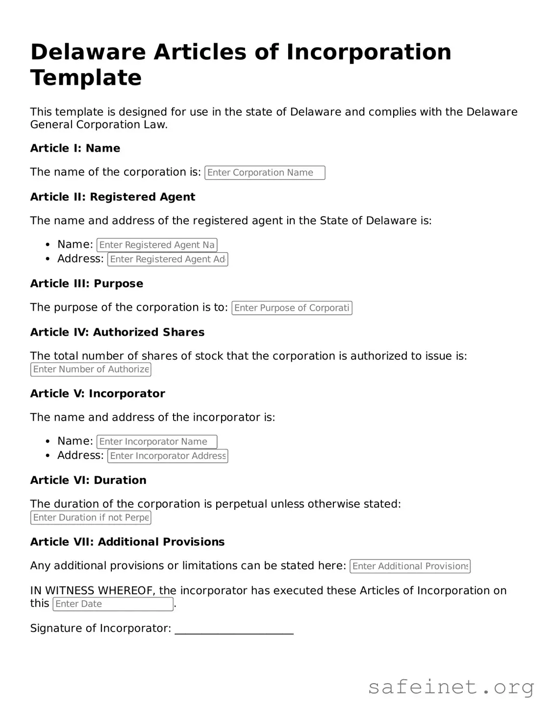 Valid Articles of Incorporation Template for the State of Delaware