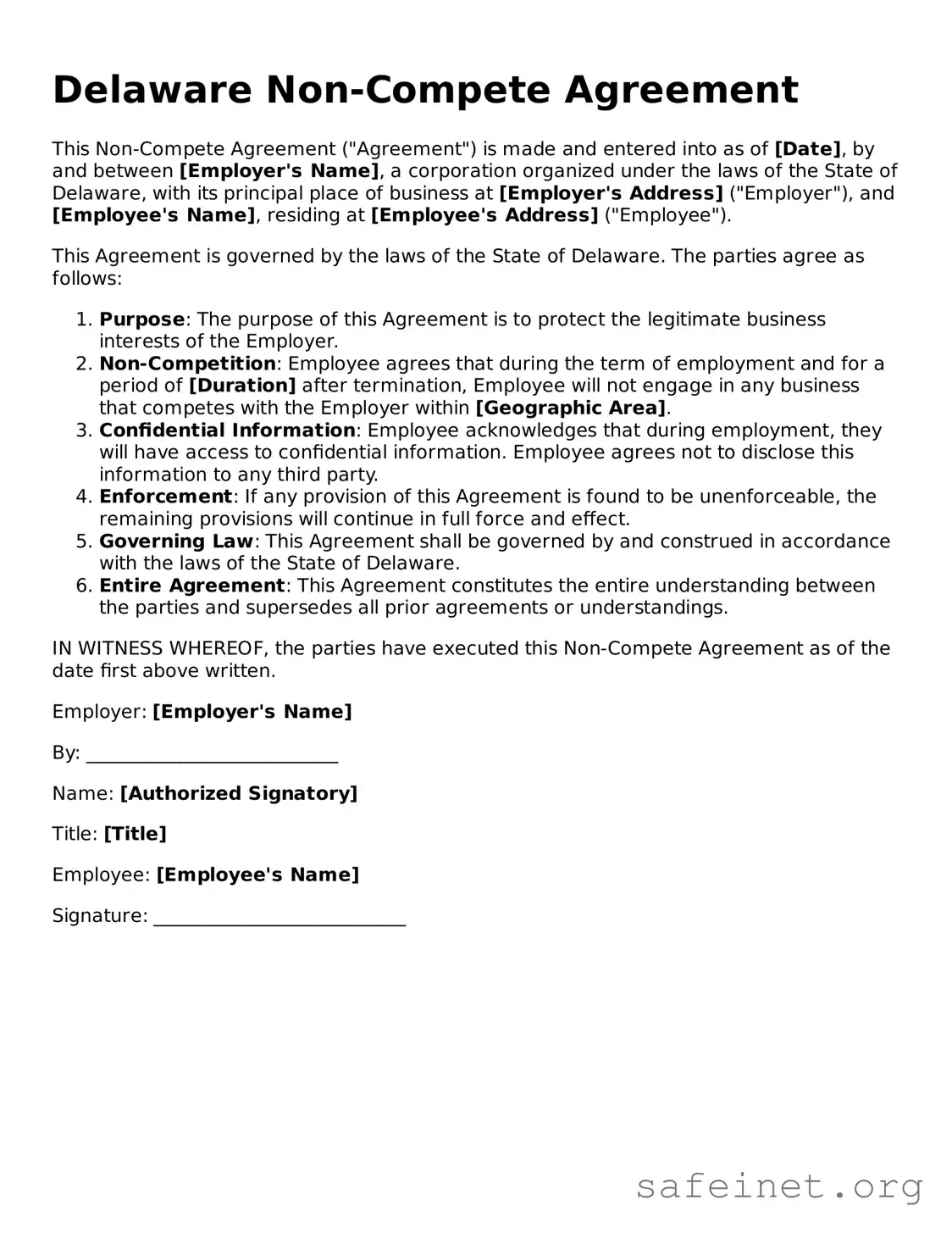 Valid Non-compete Agreement Template for the State of Delaware