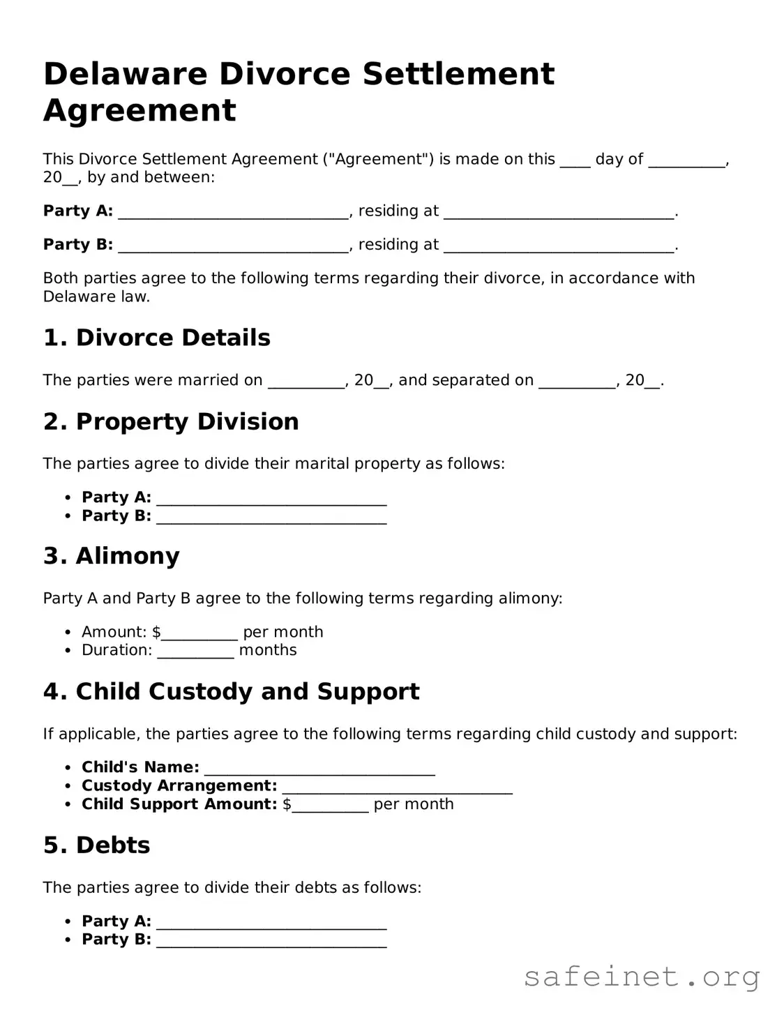 Valid Divorce Settlement Agreement Template for the State of Delaware