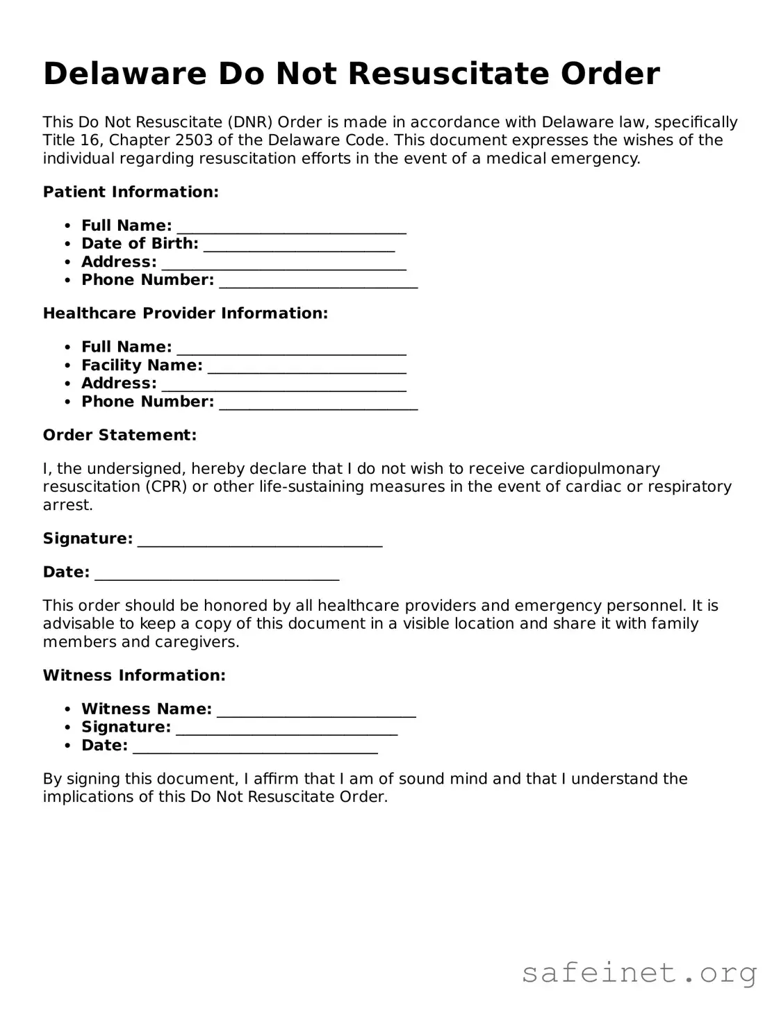 Valid Do Not Resuscitate Order Template for the State of Delaware