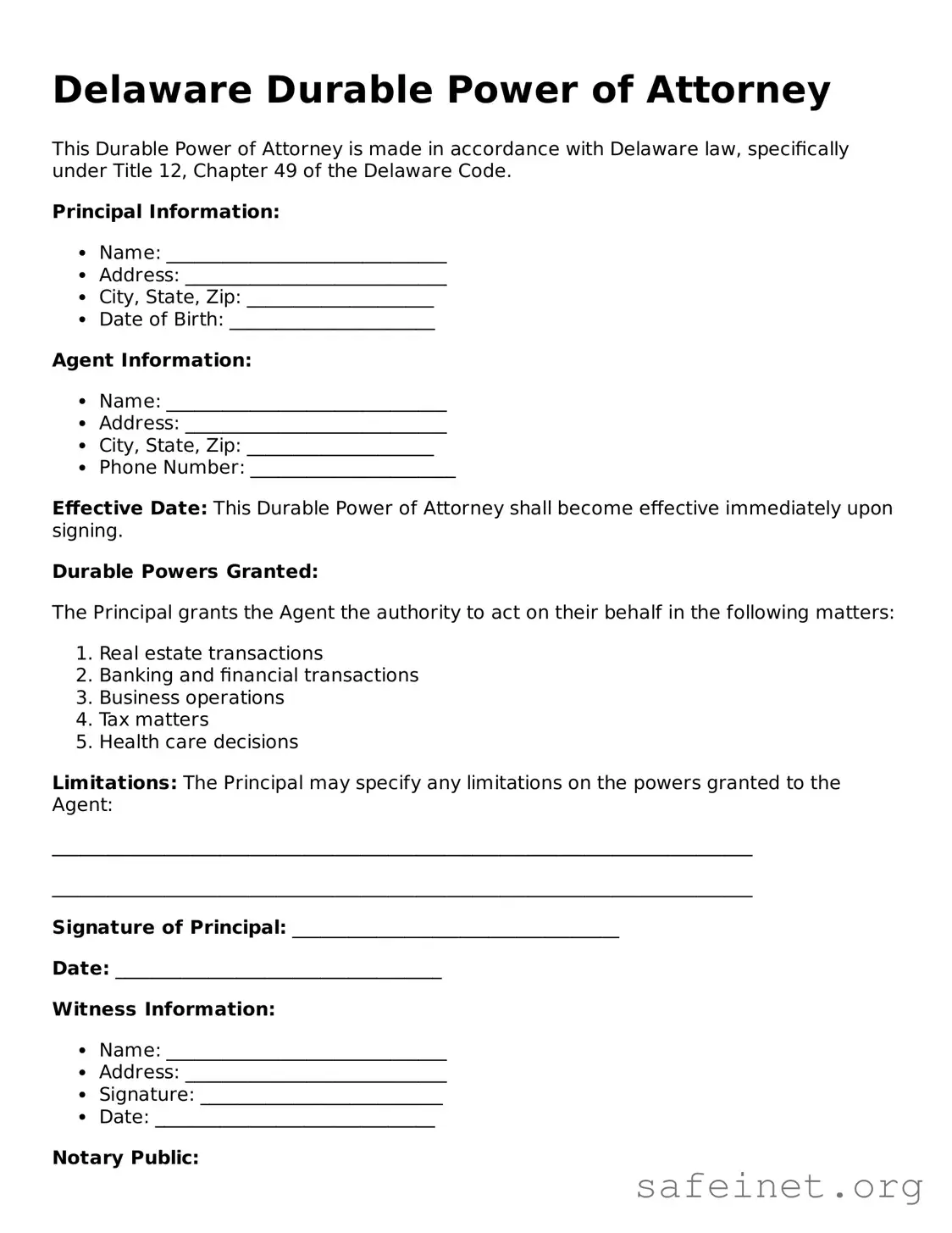 Valid Durable Power of Attorney Template for the State of Delaware