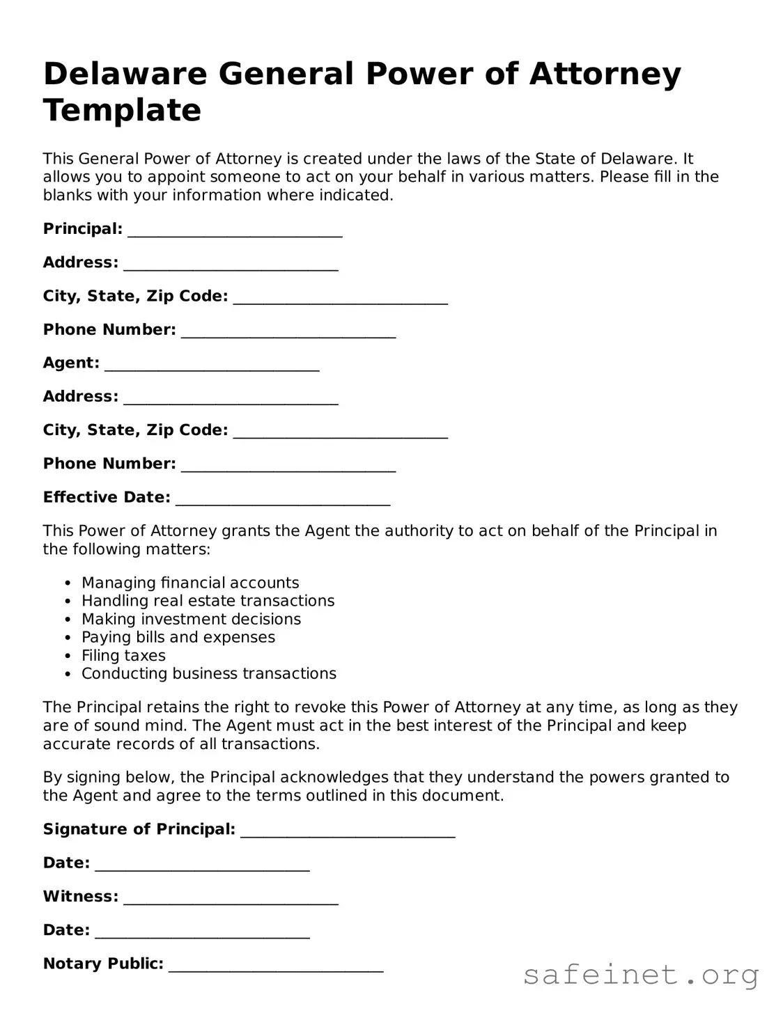 Valid General Power of Attorney Template for the State of Delaware
