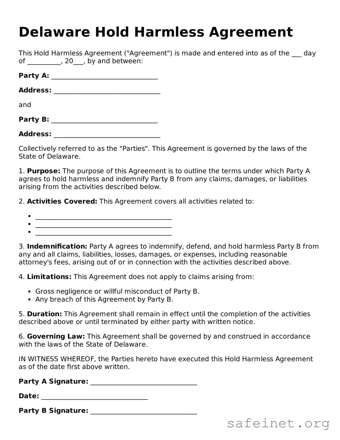 Valid Hold Harmless Agreement Template for the State of Delaware