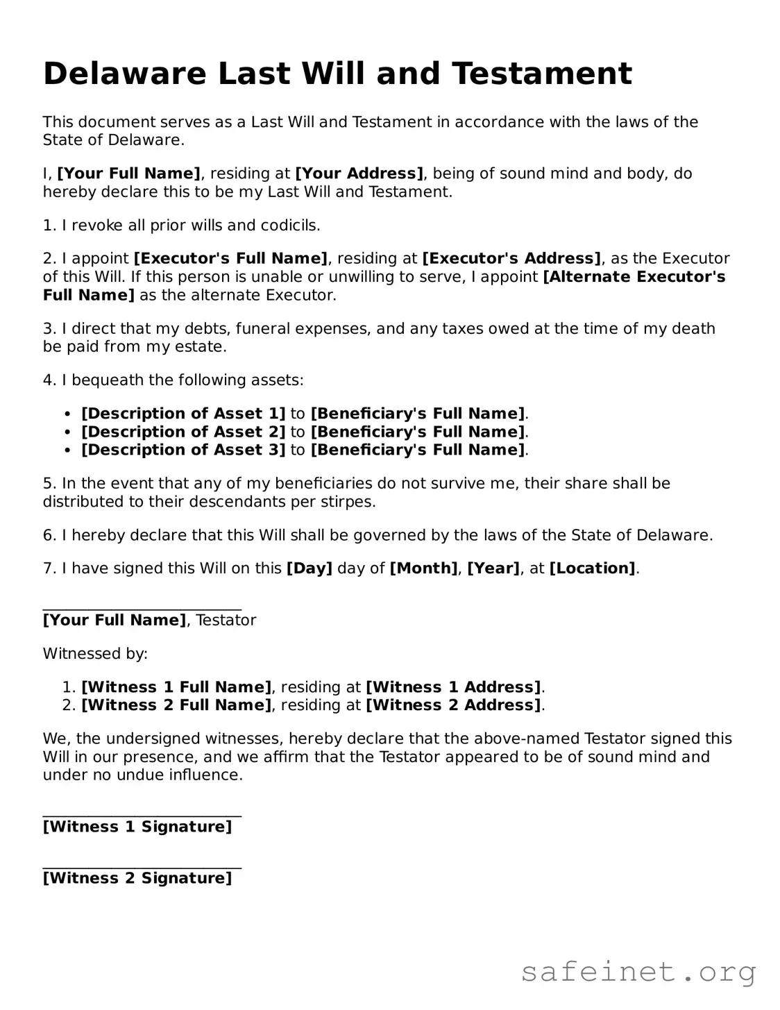Valid Last Will and Testament Template for the State of Delaware